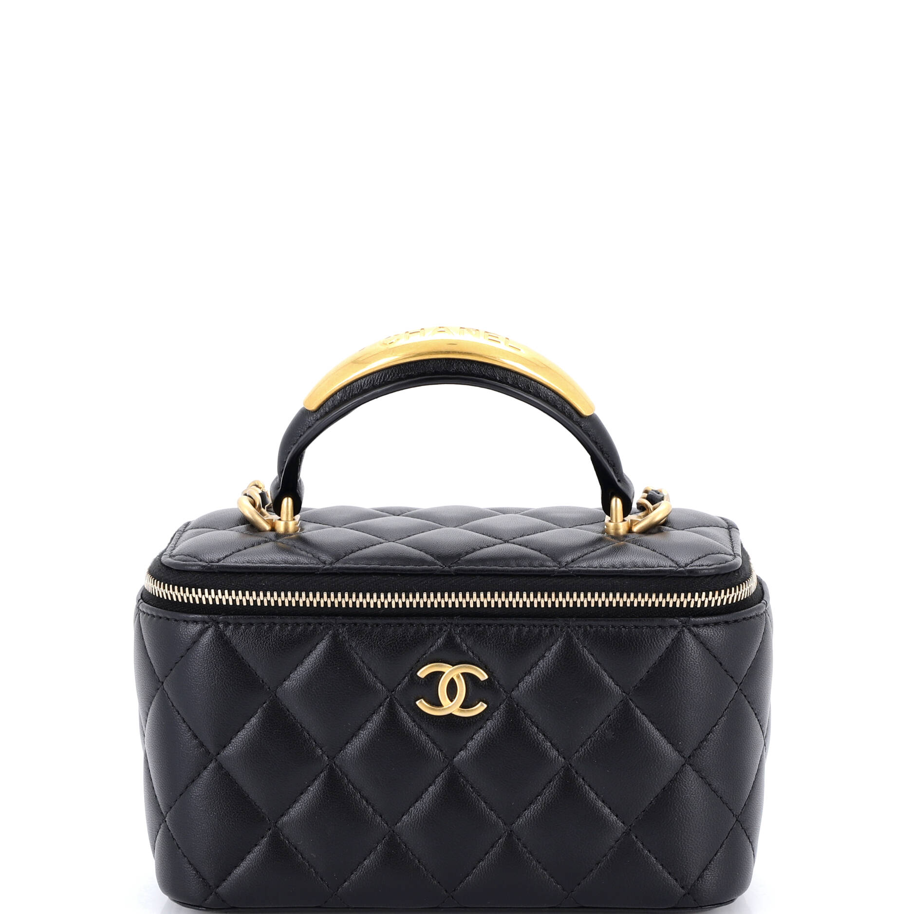 CC Top Handle Vanity Case with Chain Quilted Lambskin with Metal Small