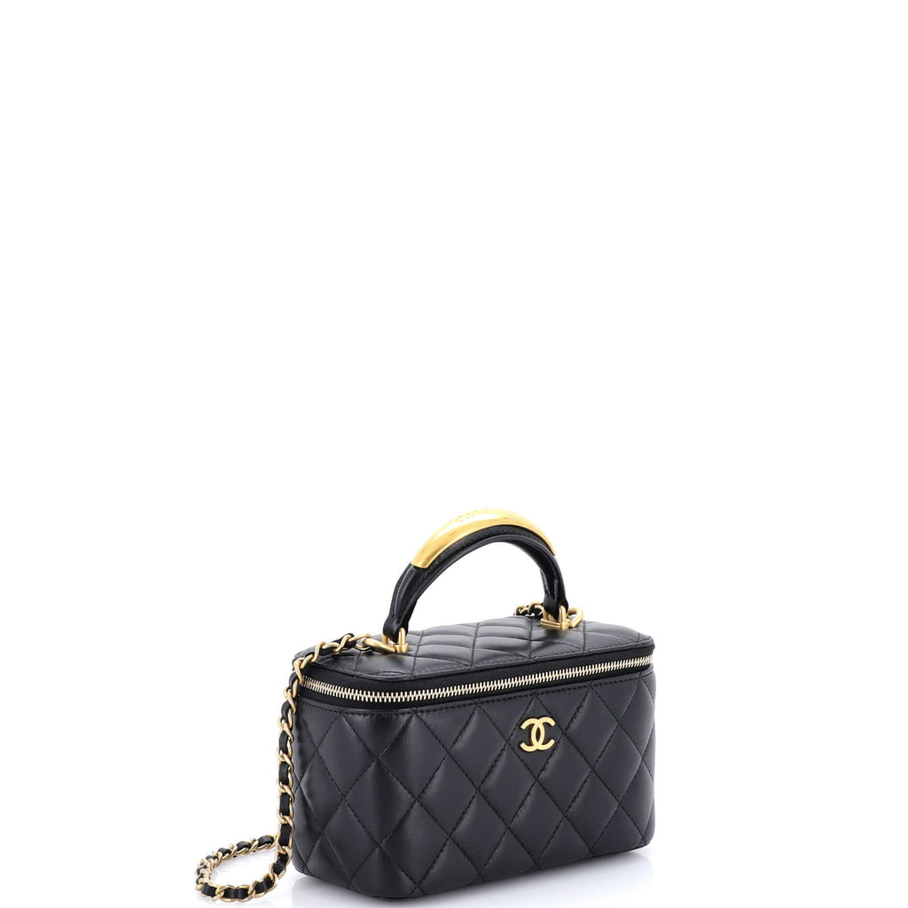 CC Top Handle Vanity Case with Chain Quilted Lambskin with Metal Small