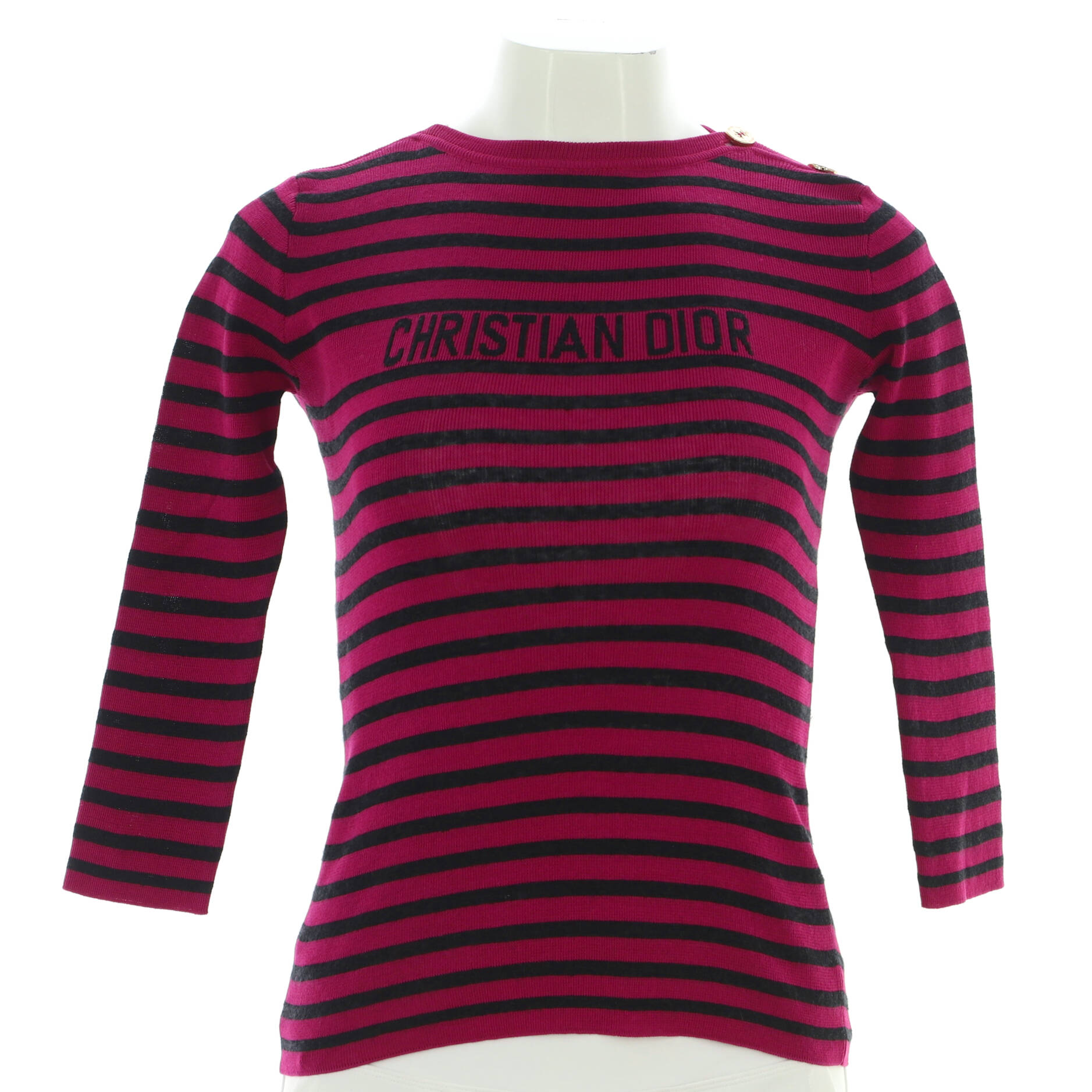 Women's Logo Button Shoulder Striped Sweater Cotton and Linen Blend