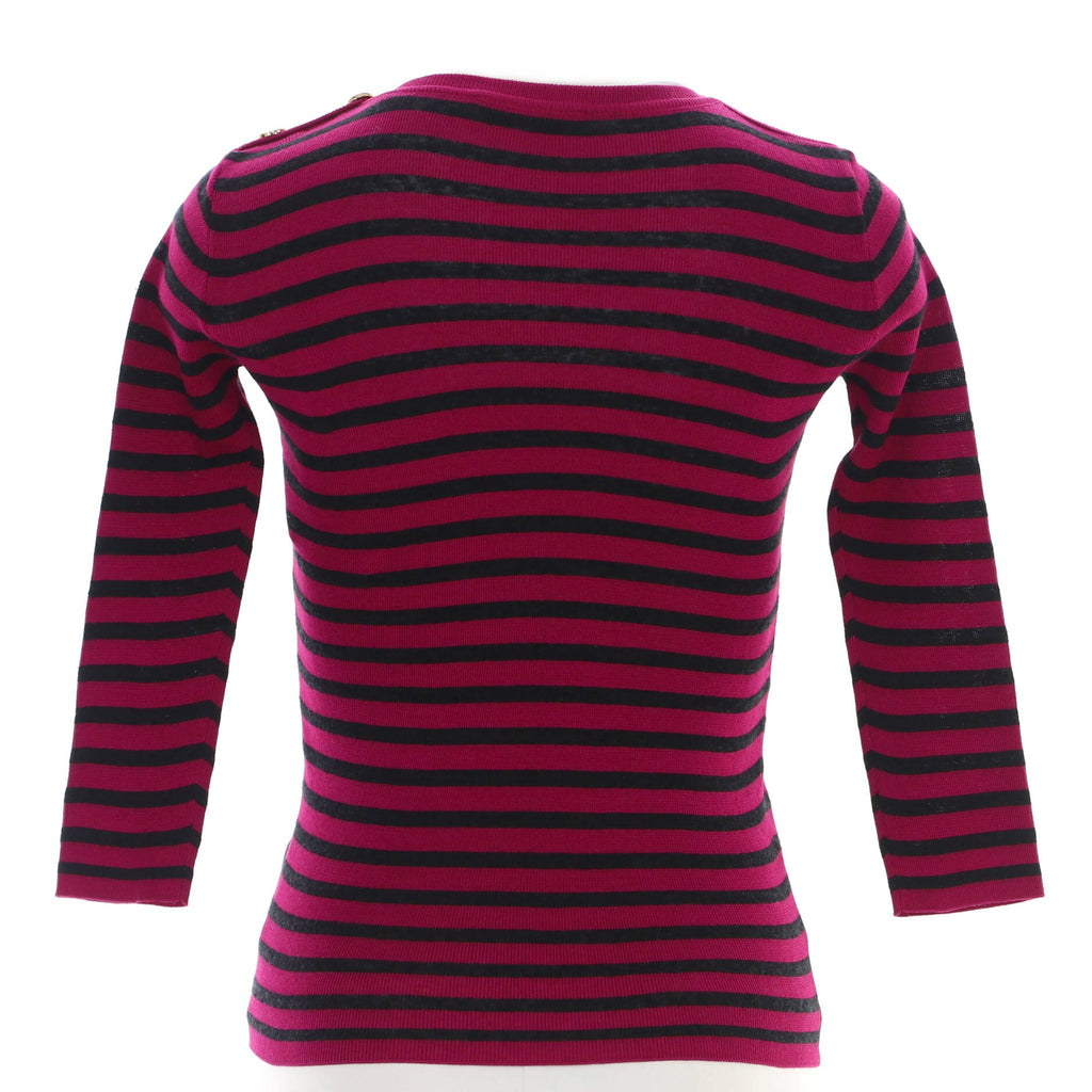 Women's Logo Button Shoulder Striped Sweater Cotton and Linen Blend