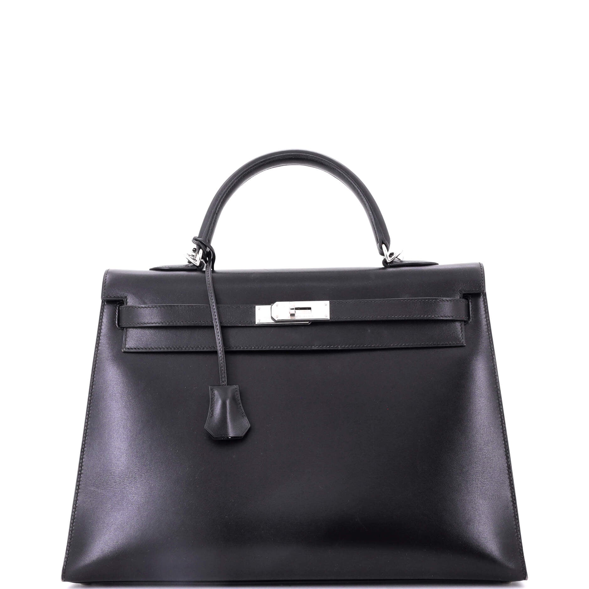 Kelly Handbag Noir Box Calf with Palladium Hardware 35