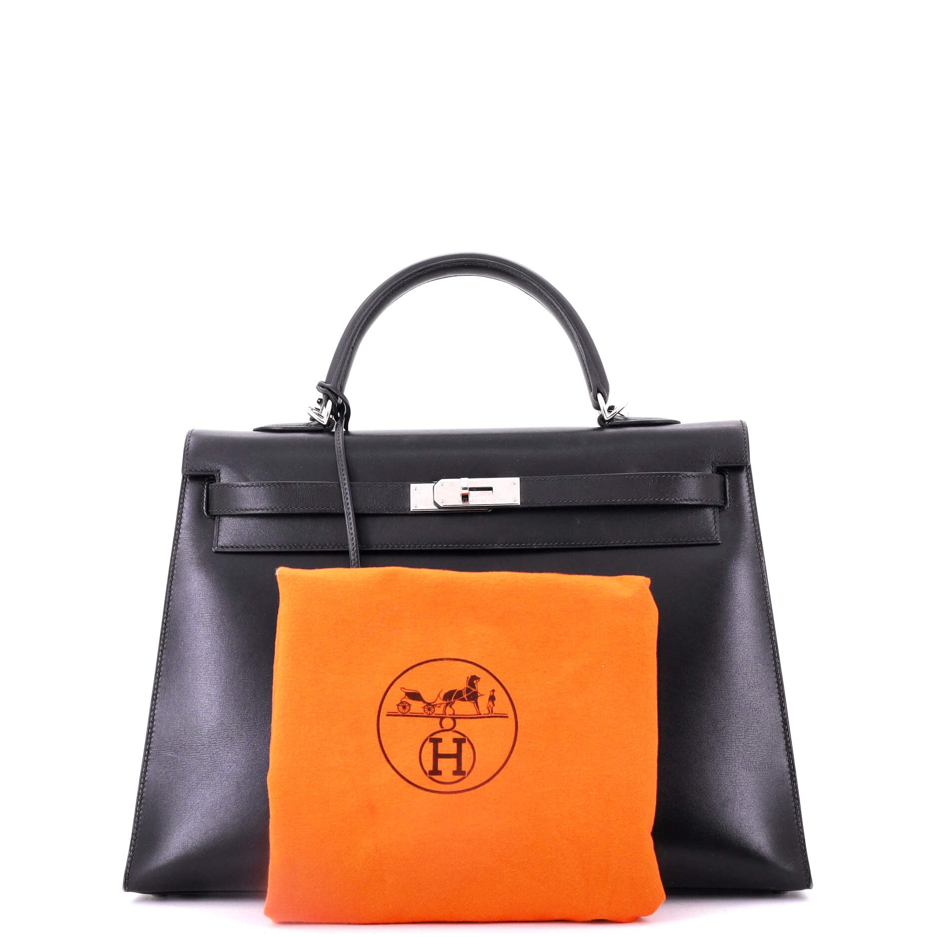 Kelly Handbag Noir Box Calf with Palladium Hardware 35
