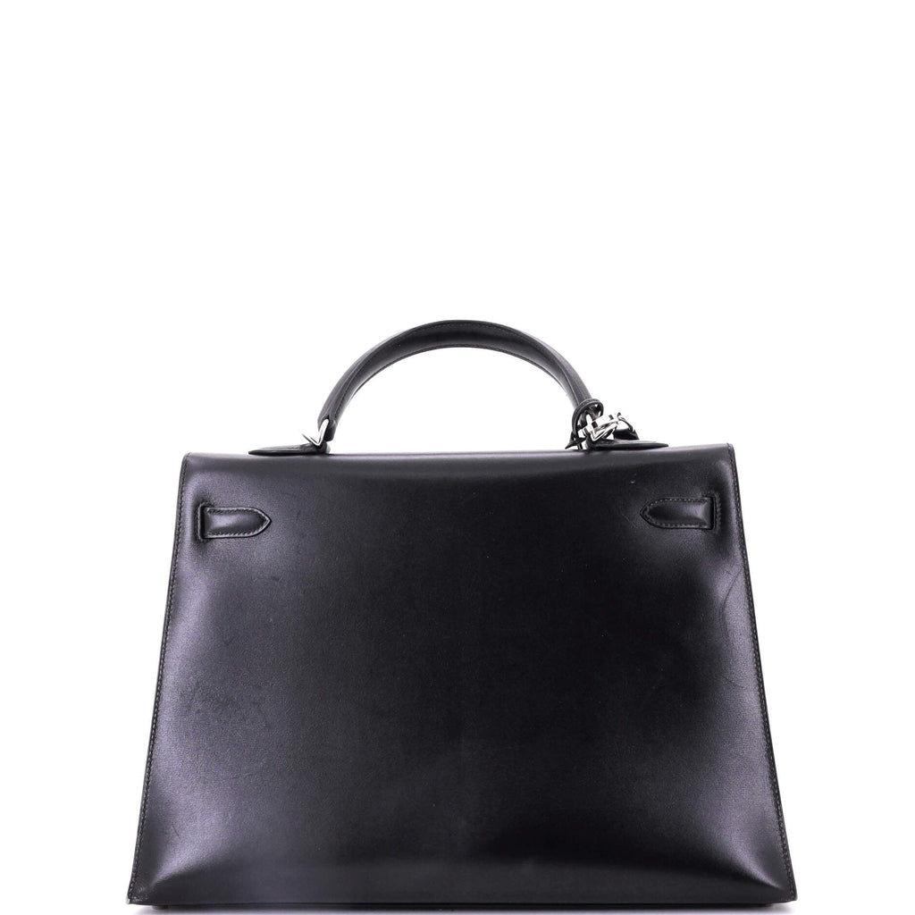 Kelly Handbag Noir Box Calf with Palladium Hardware 35