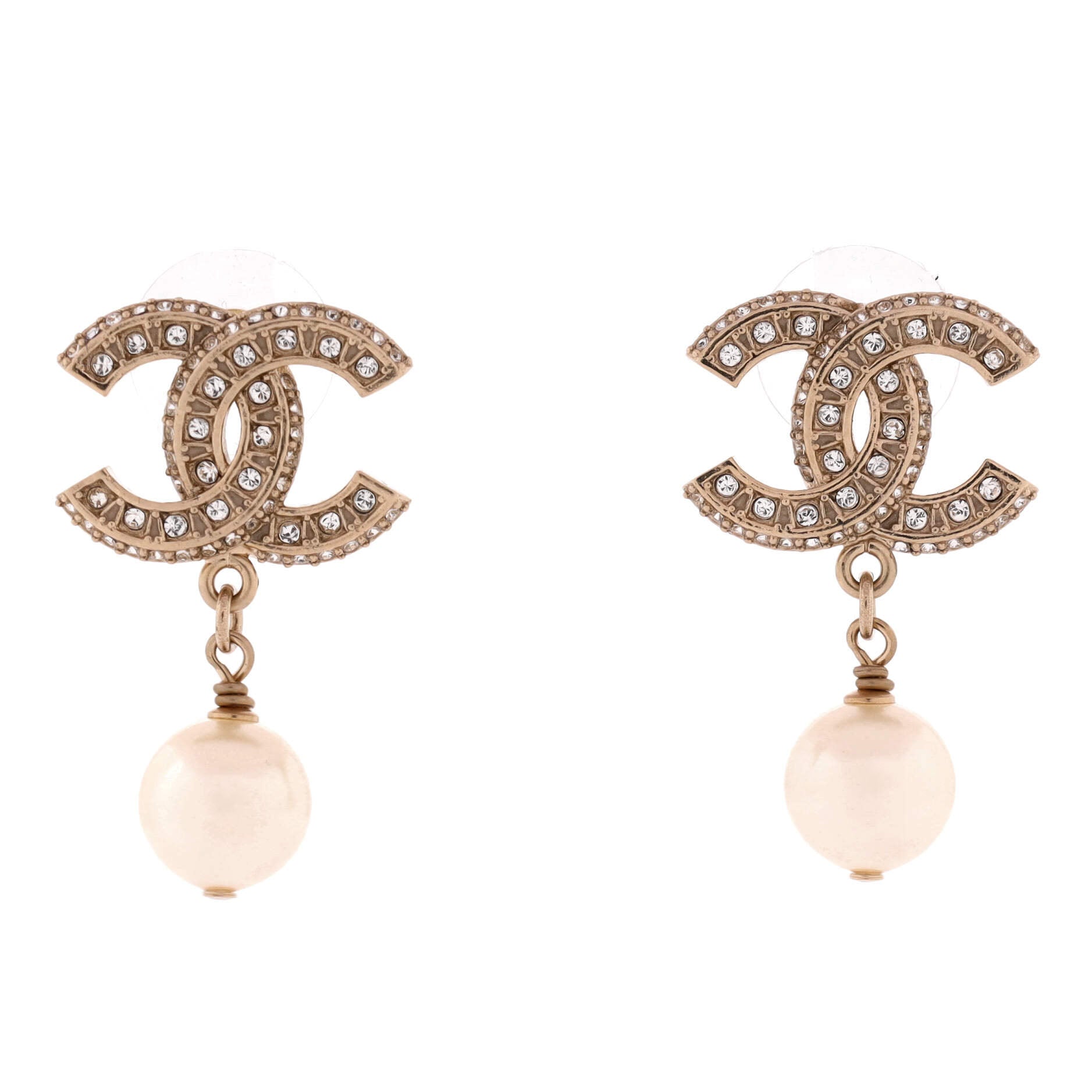 CC Drop Earrings Metal with Crystals and Faux Pearls