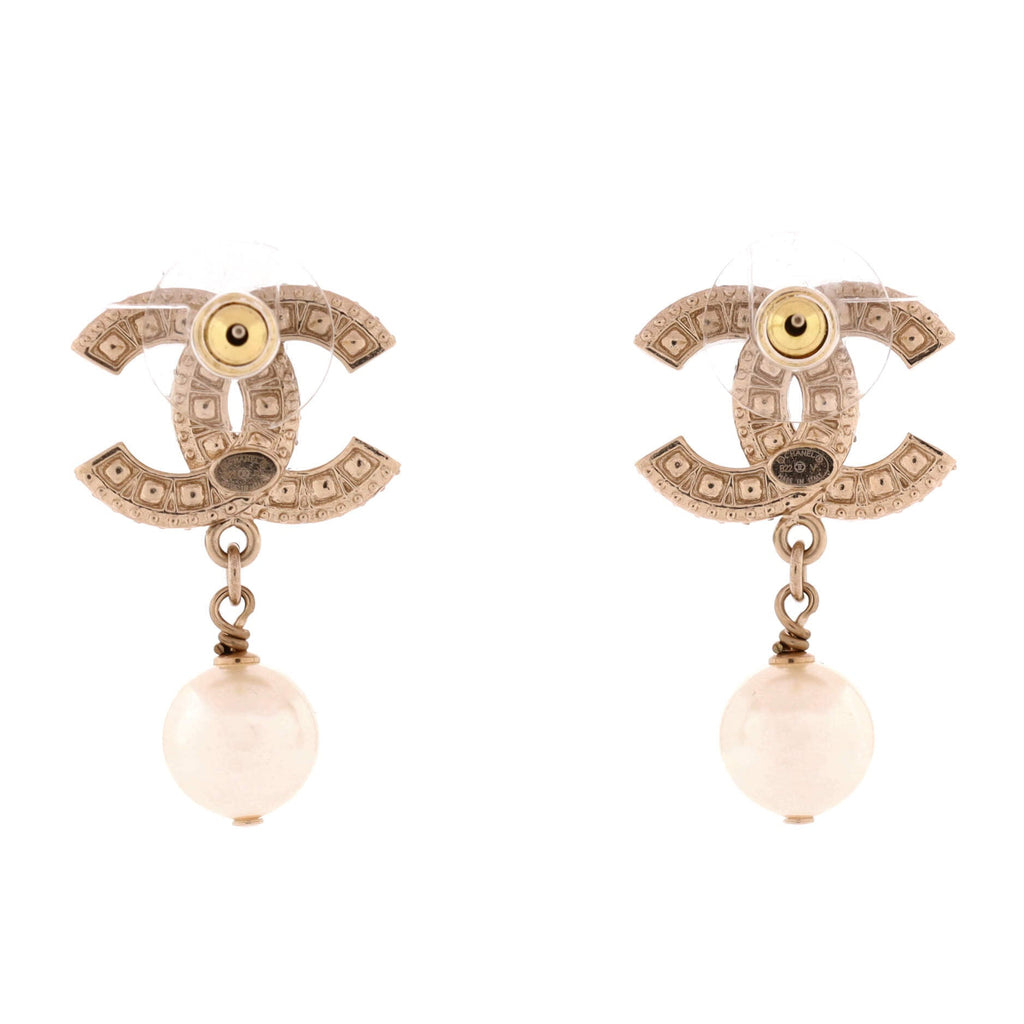 CC Drop Earrings Metal with Crystals and Faux Pearls