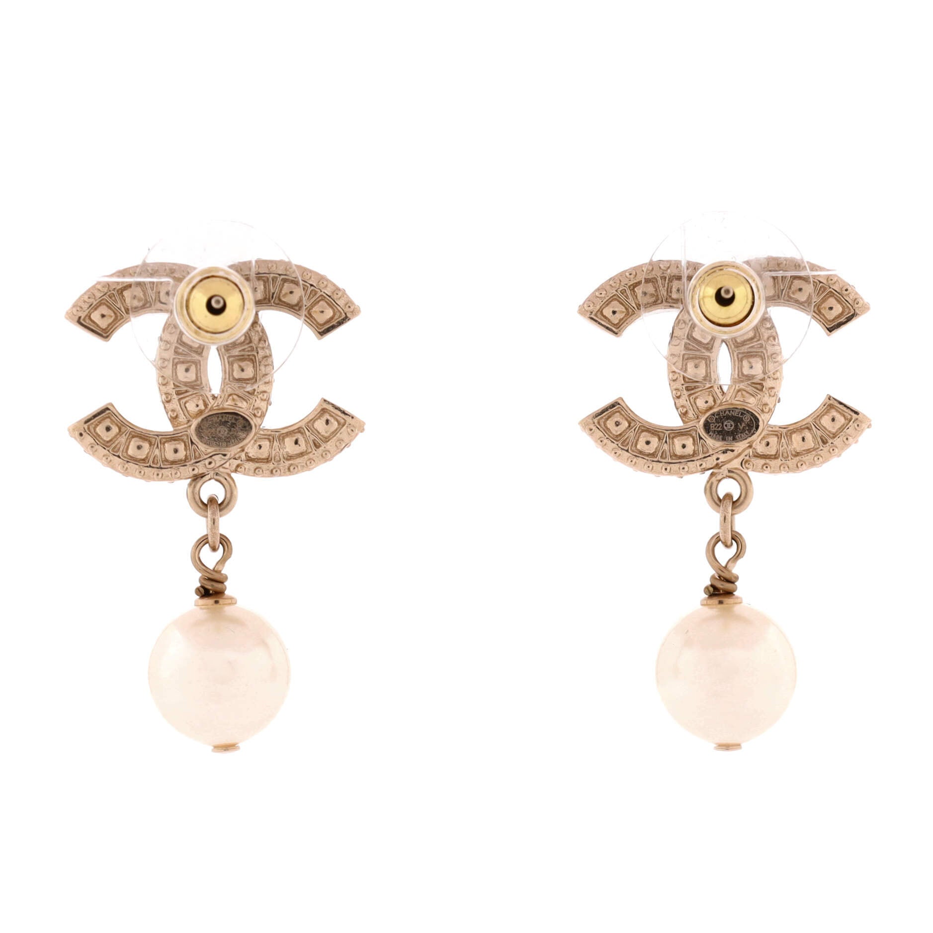 CC Drop Earrings Metal with Crystals and Faux Pearls