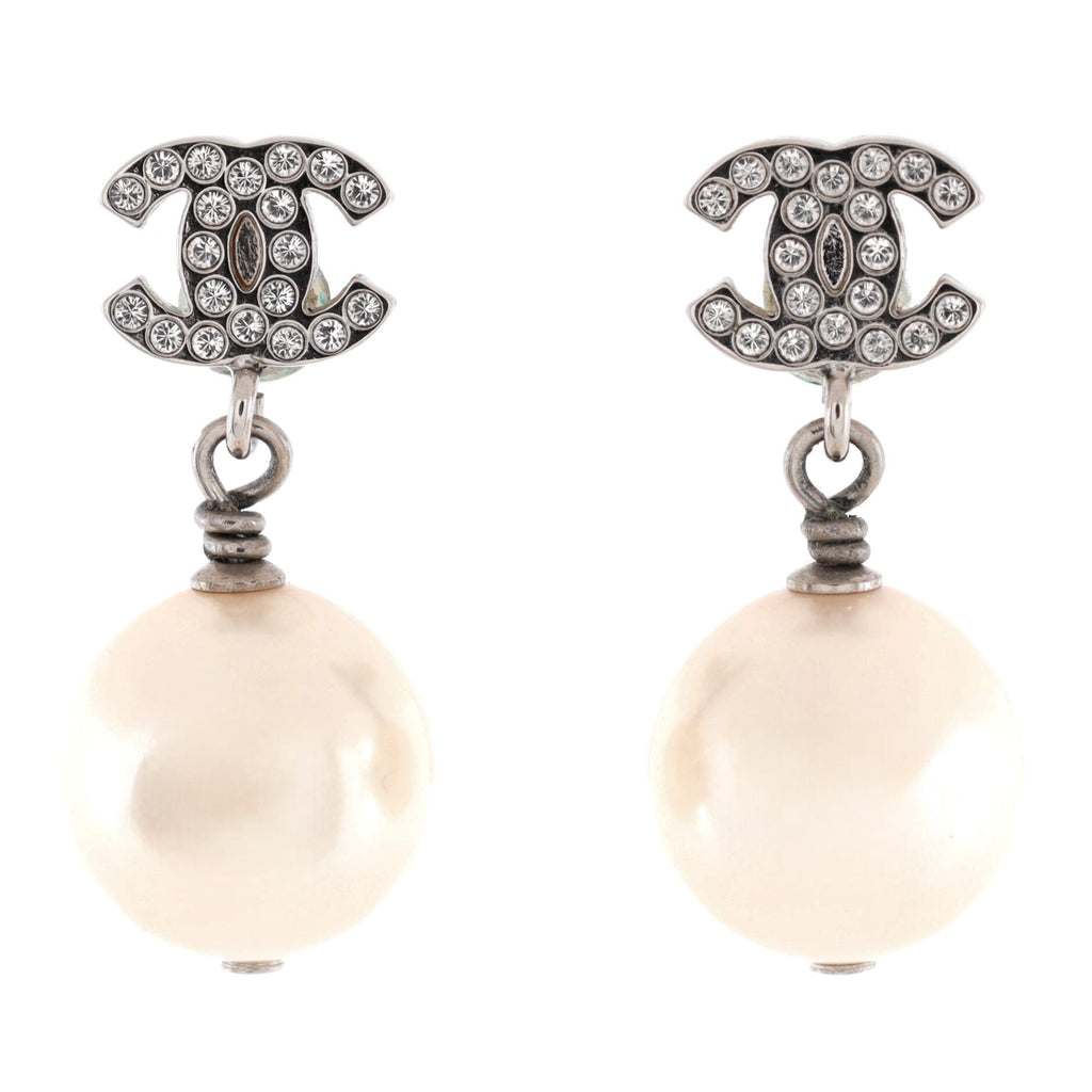 CC Drop Earrings Metal with Crystals and Faux Pearls