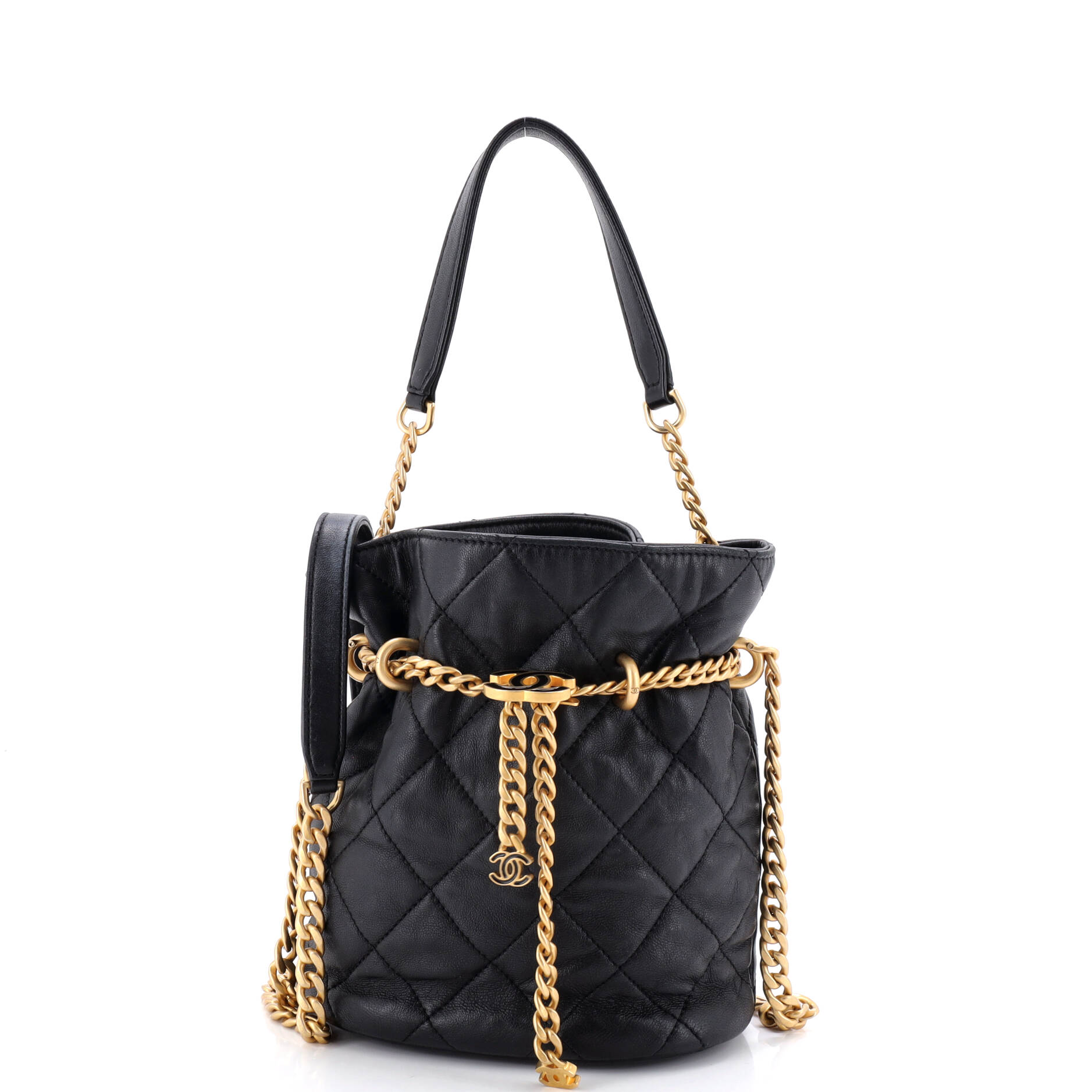 Pending CC Drawstring Bucket Bag Quilted Lambskin Small