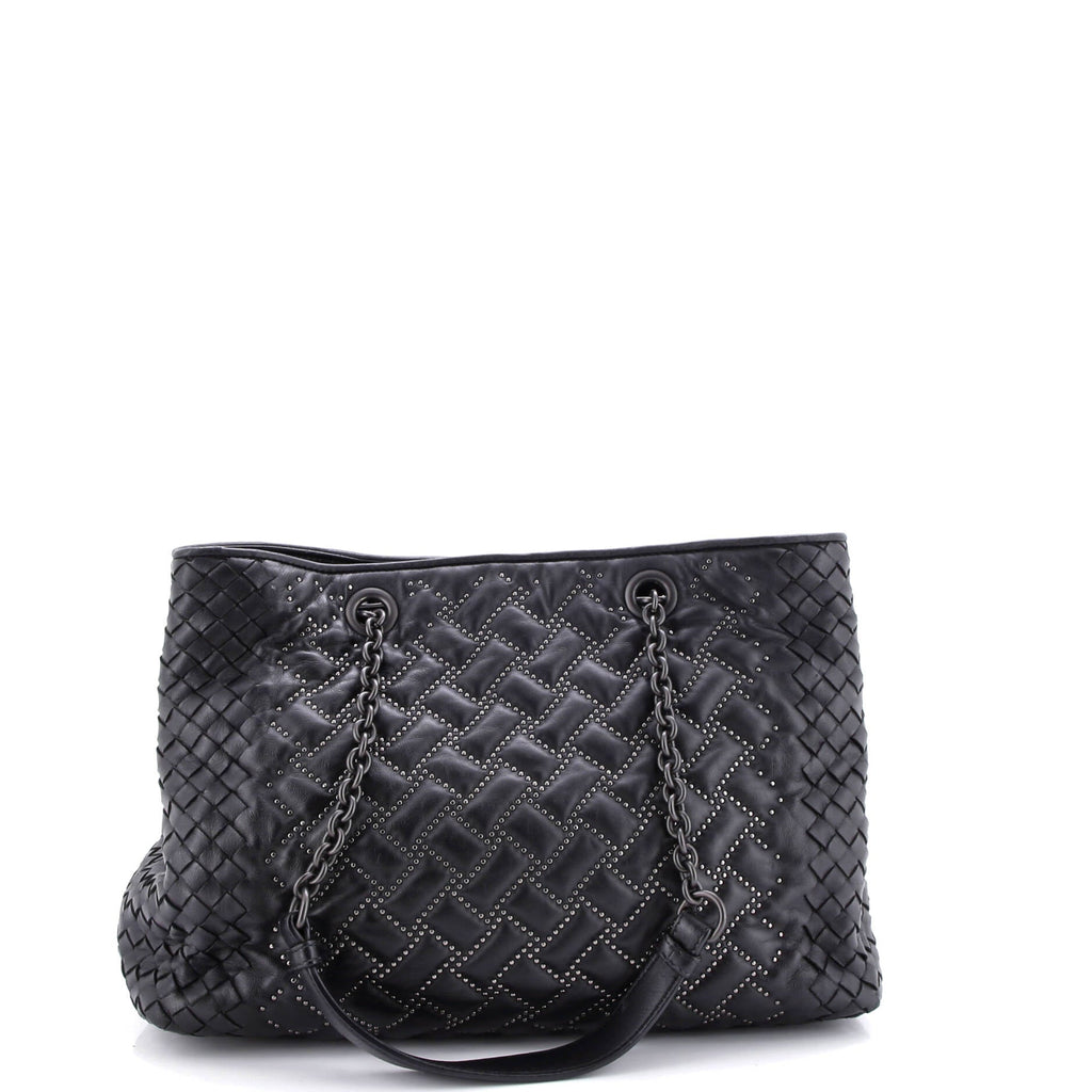 Double Chain Tote Studded Leather with Intrecciato Detail Medium