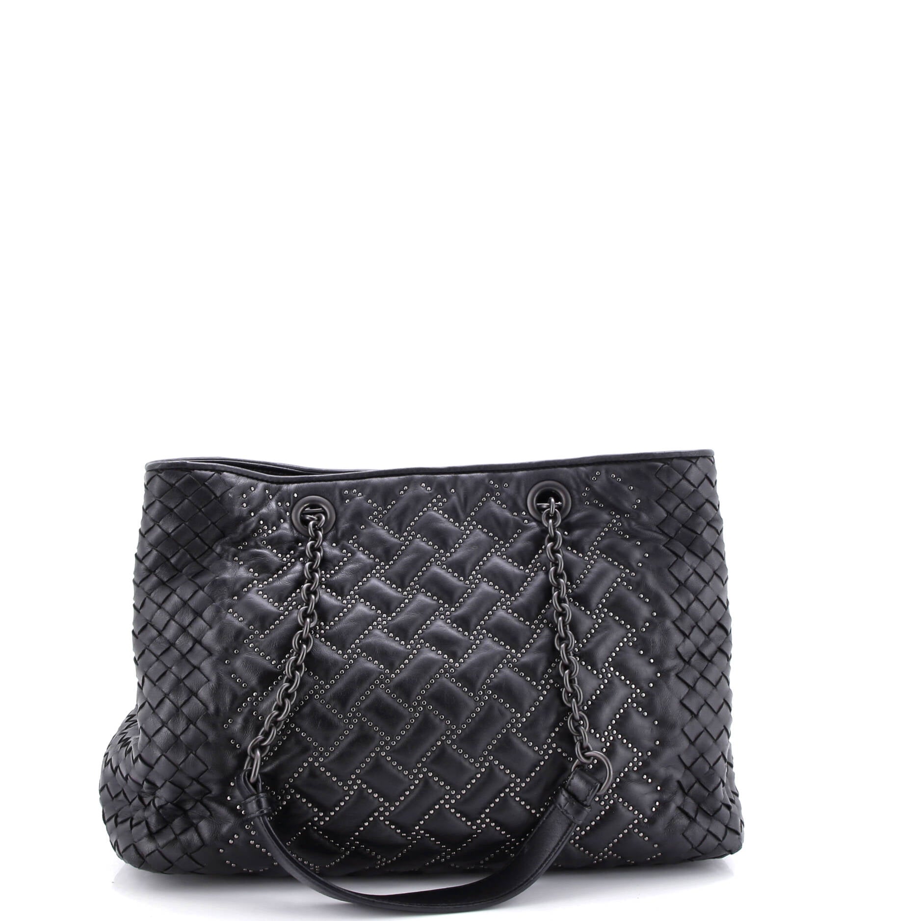 Double Chain Tote Studded Leather with Intrecciato Detail Medium