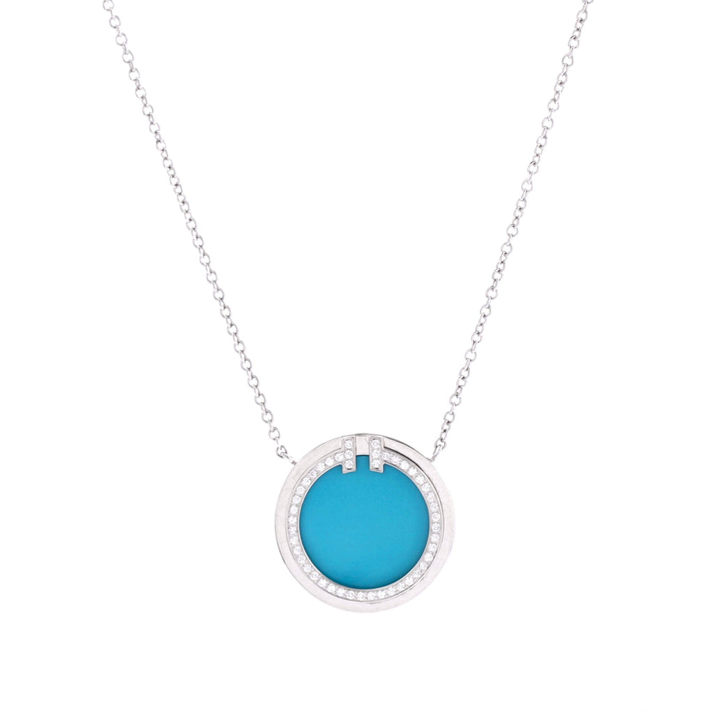 T Circle Pendant Necklace 18K White Gold with Turquoise and Diamonds Large