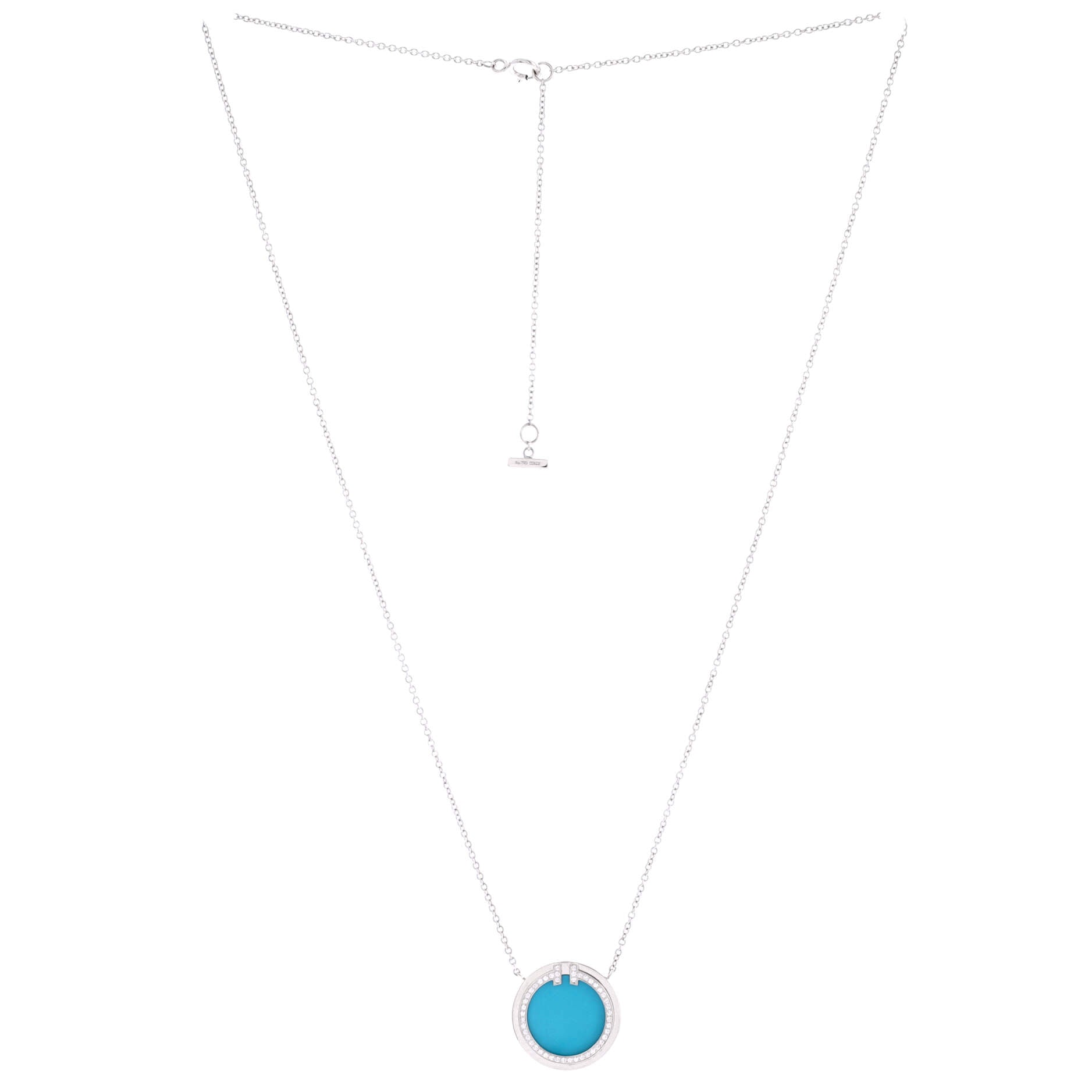T Circle Pendant Necklace 18K White Gold with Turquoise and Diamonds Large