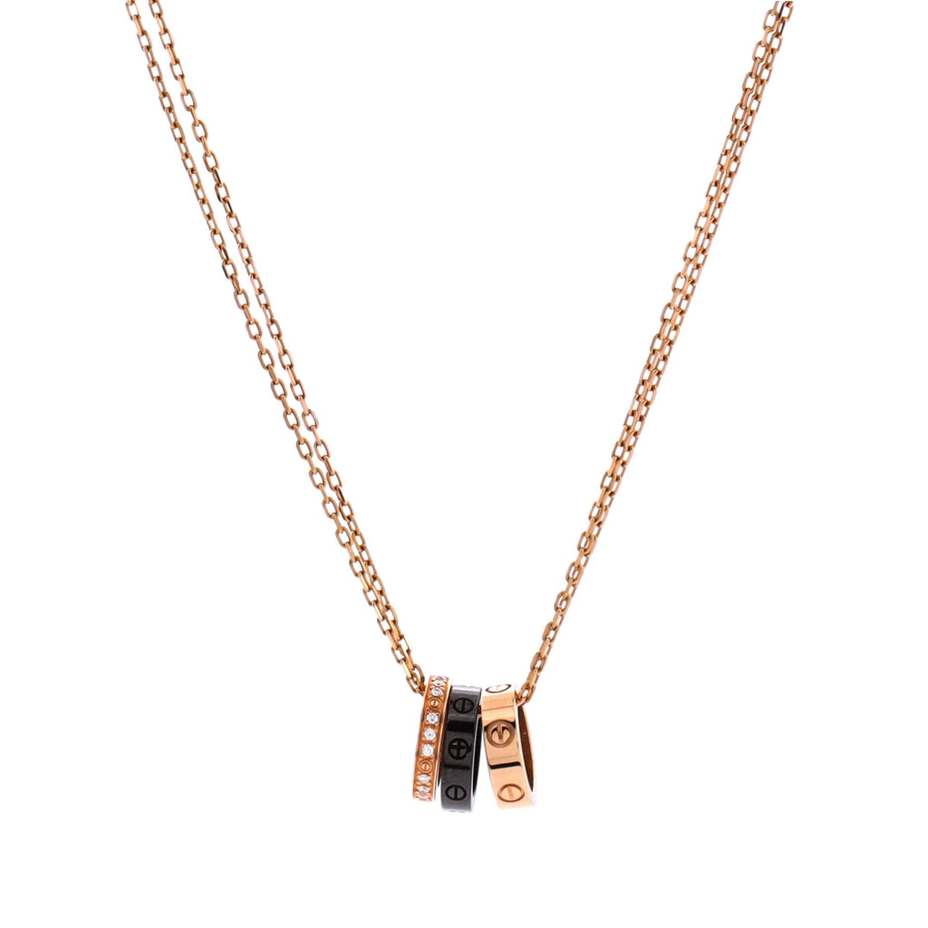 Love 3 Ring Pendant Necklace 18K Rose Gold and Ceramic with Diamonds