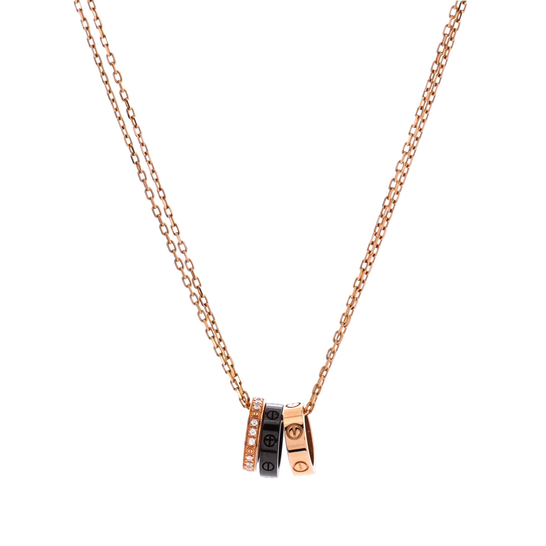 Love 3 Ring Pendant Necklace 18K Rose Gold and Ceramic with Diamonds
