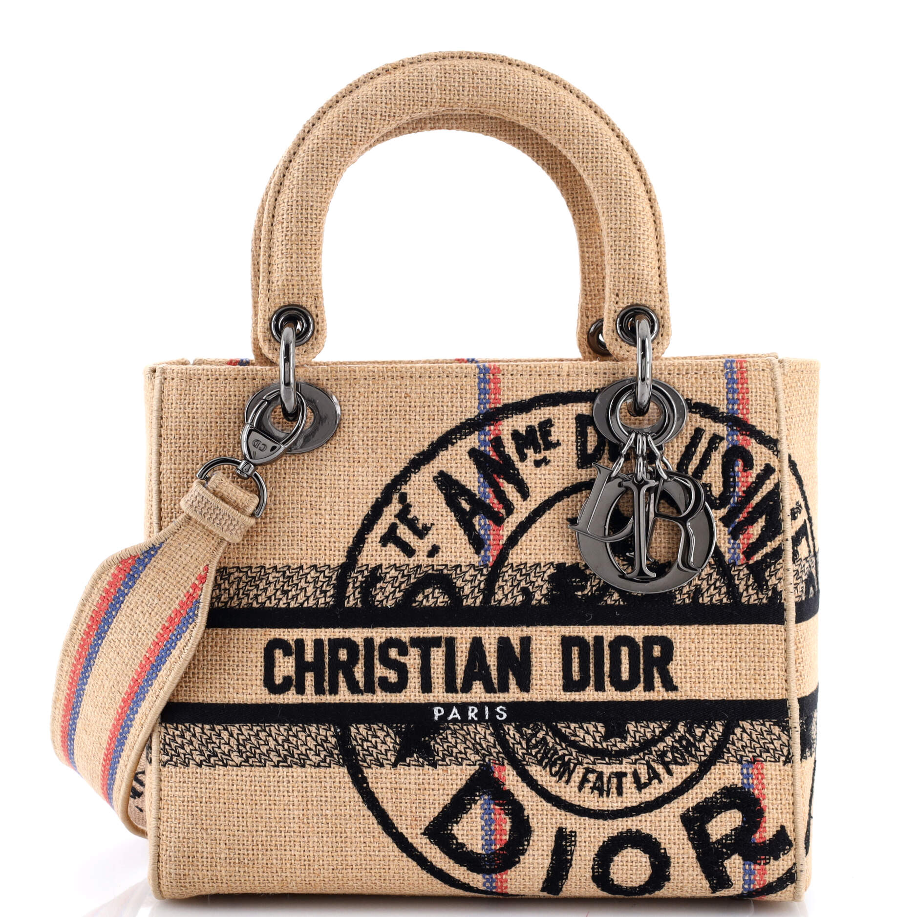 Lady D-Lite Bag Embroidered Jute Canvas Medium