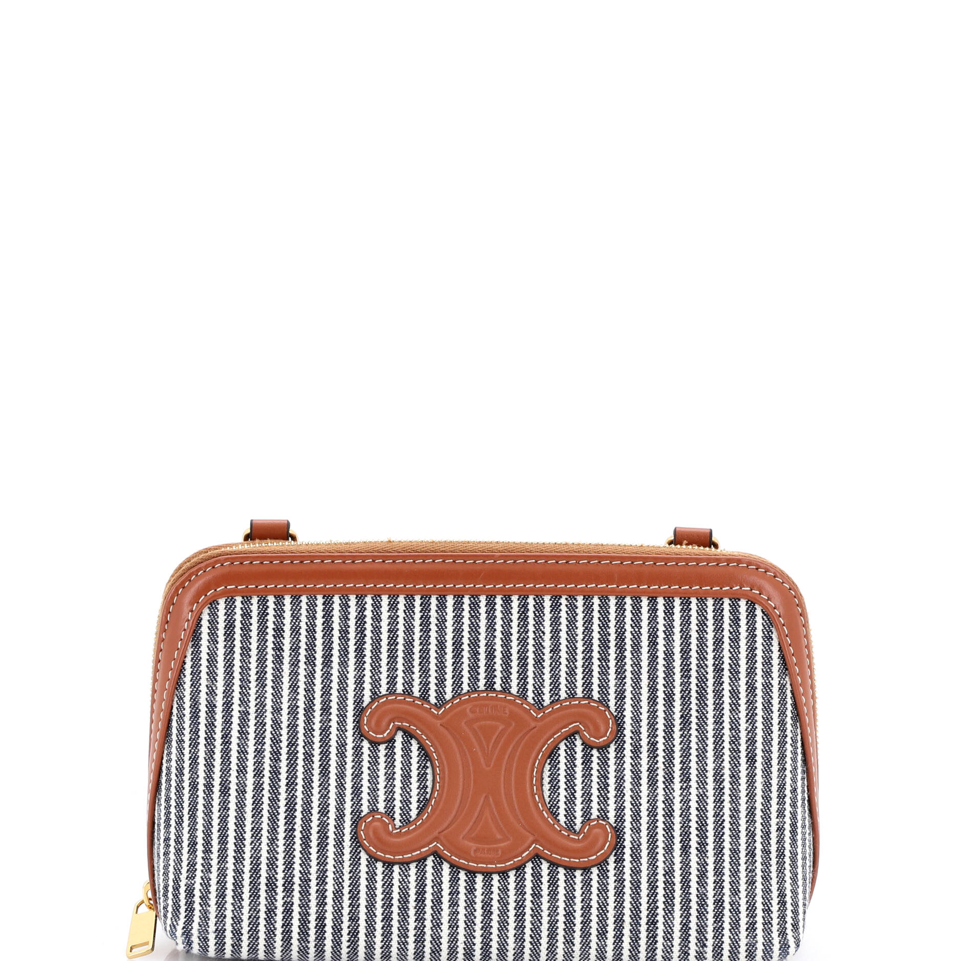 Cuir Triomphe Zip Around Chain Clutch Striped Canvas