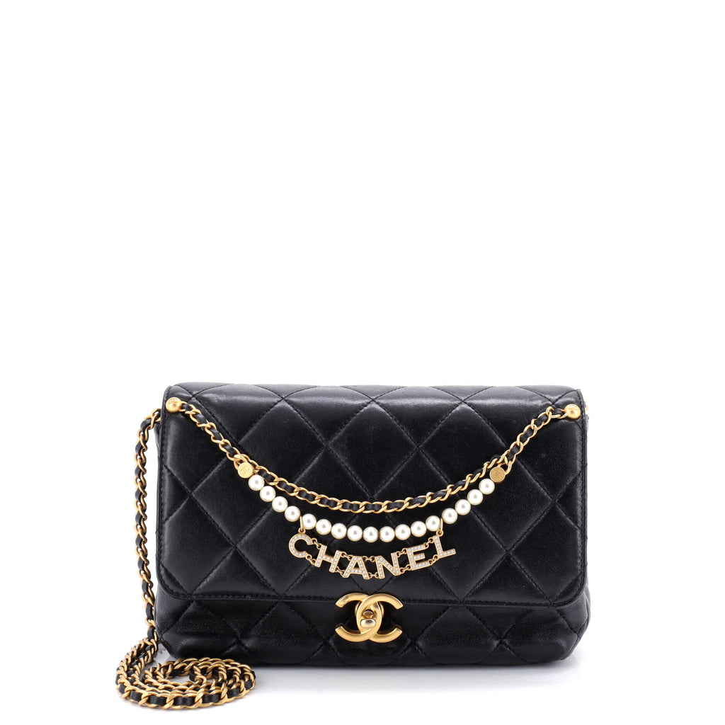 Logo Chains Flap Bag Quilted Lambskin with Faux Pearls and Crystals Small