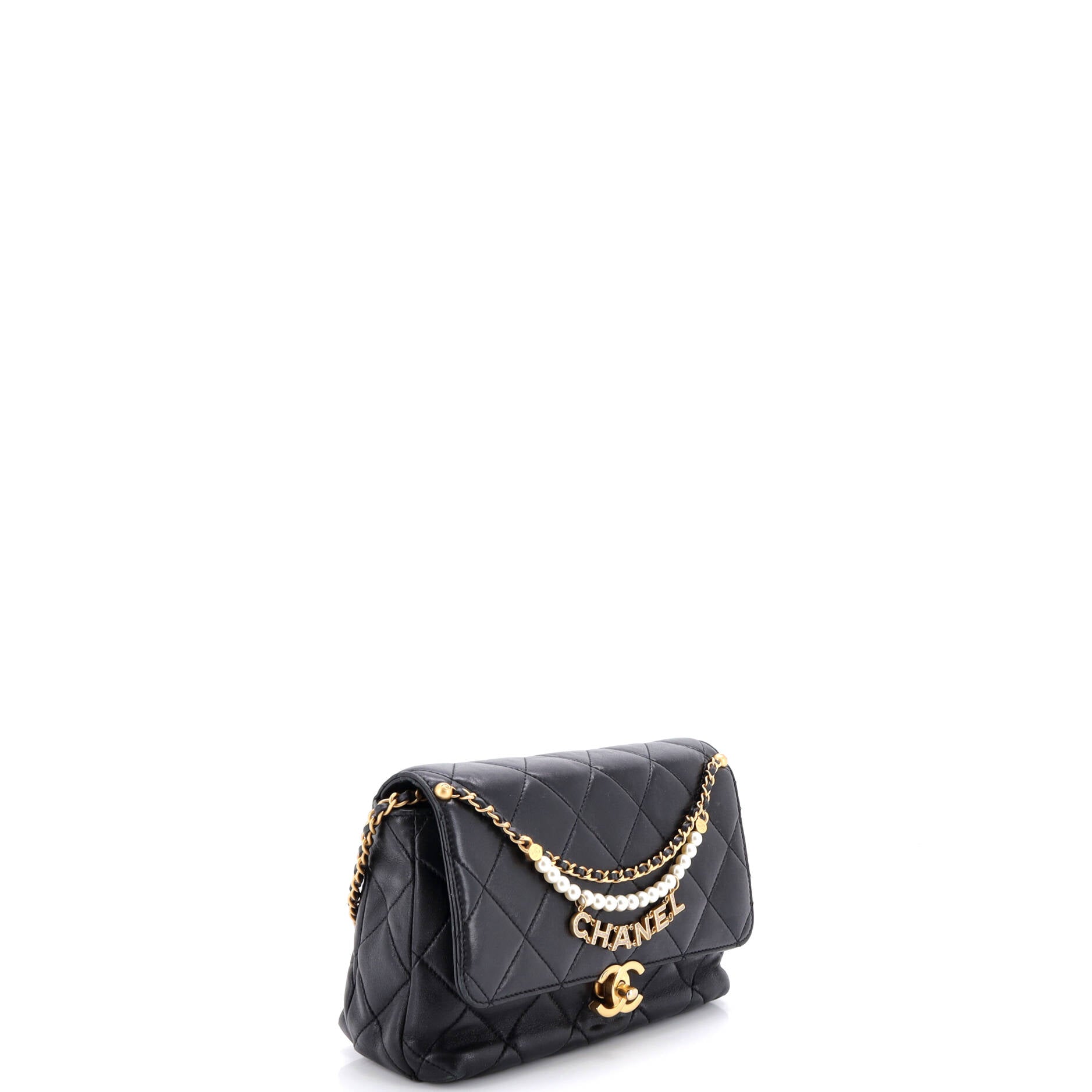 Logo Chains Flap Bag Quilted Lambskin with Faux Pearls and Crystals Small