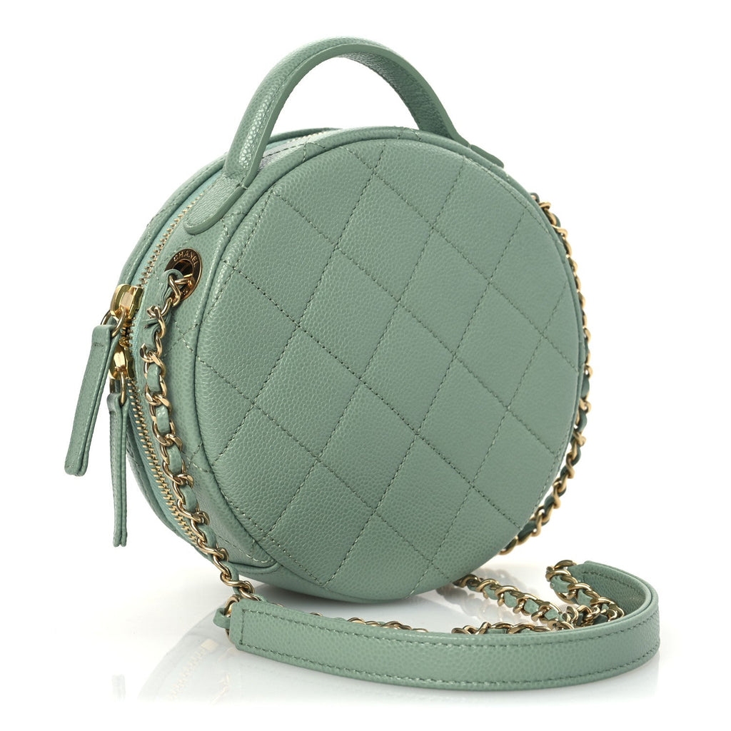 Caviar Quilted Small Round Vanity With Chain Light Green