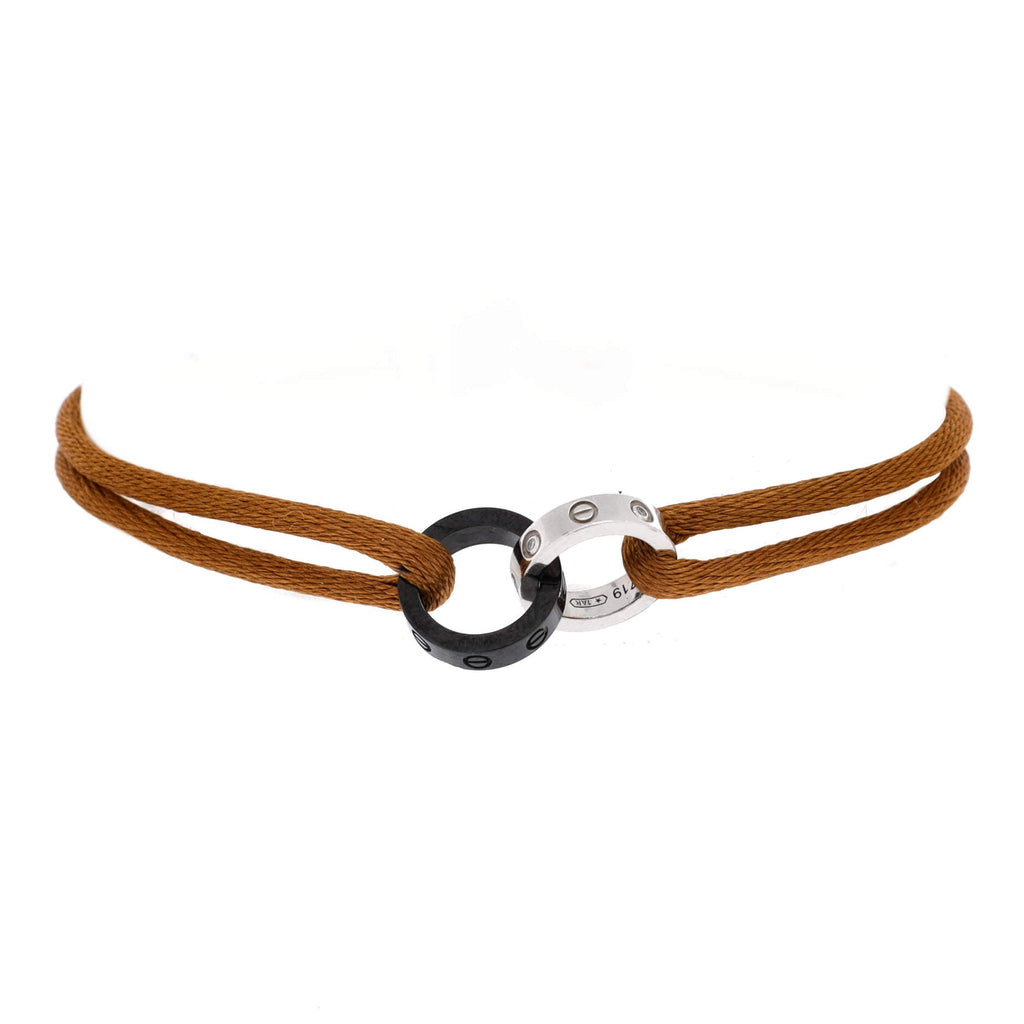 Charity Love Double Rings On Cord Bracelet Silk Cord with 18K White Gold, Ceramic and Diamonds