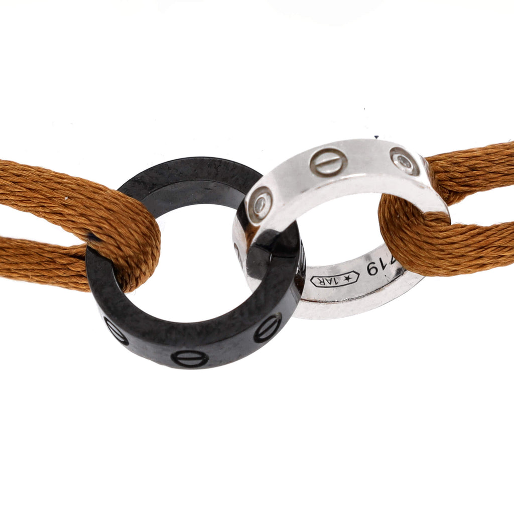 Charity Love Double Rings On Cord Bracelet Silk Cord with 18K White Gold, Ceramic and Diamonds