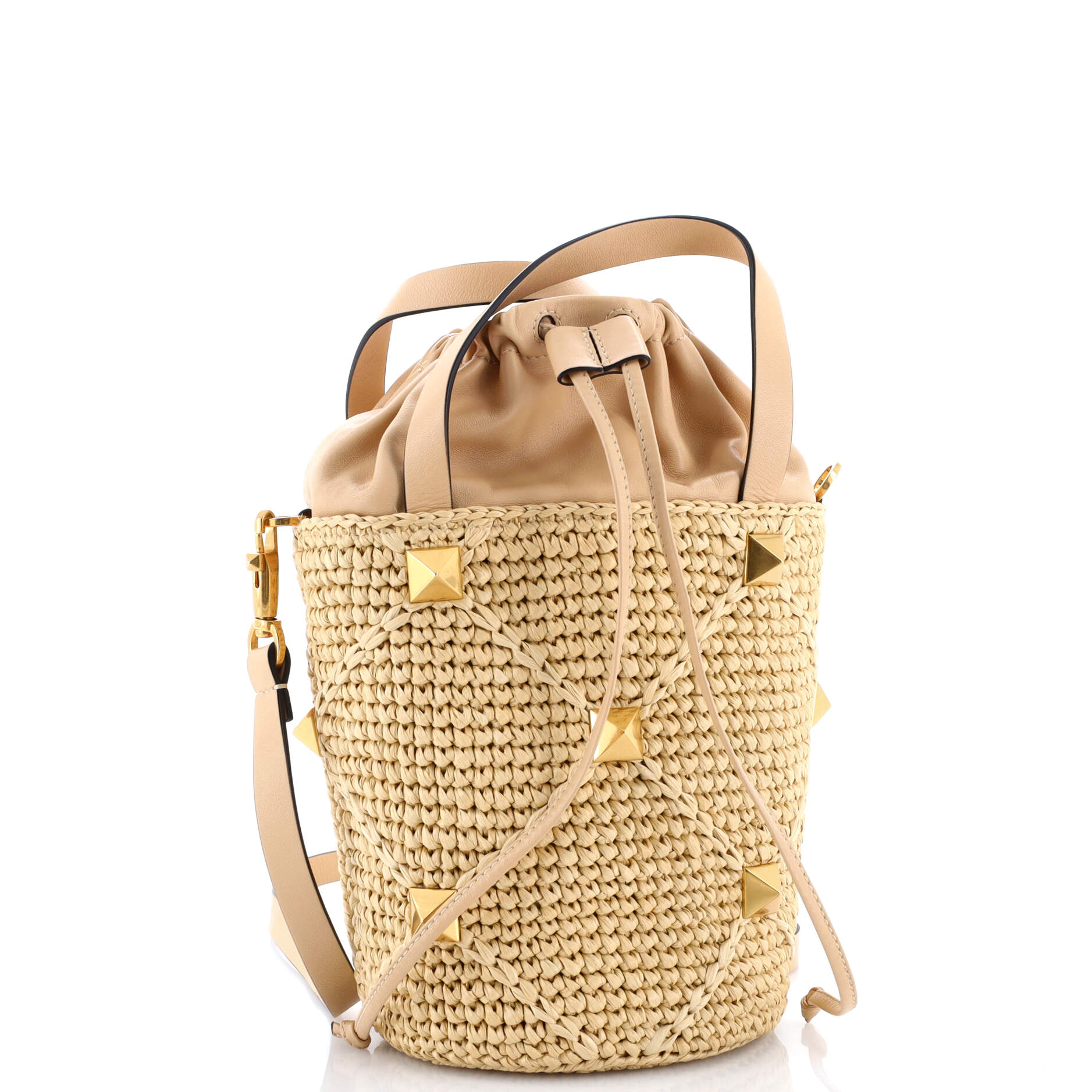Roman Stud Bucket Bag Raffia and Leather