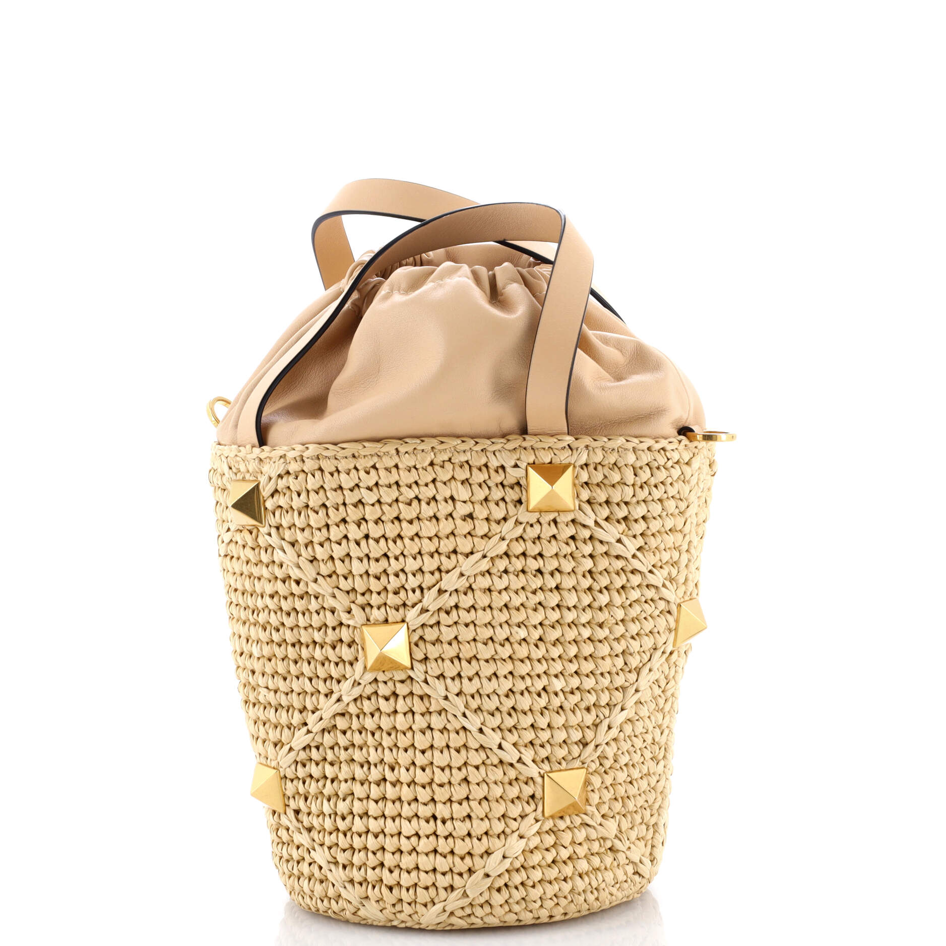Roman Stud Bucket Bag Raffia and Leather