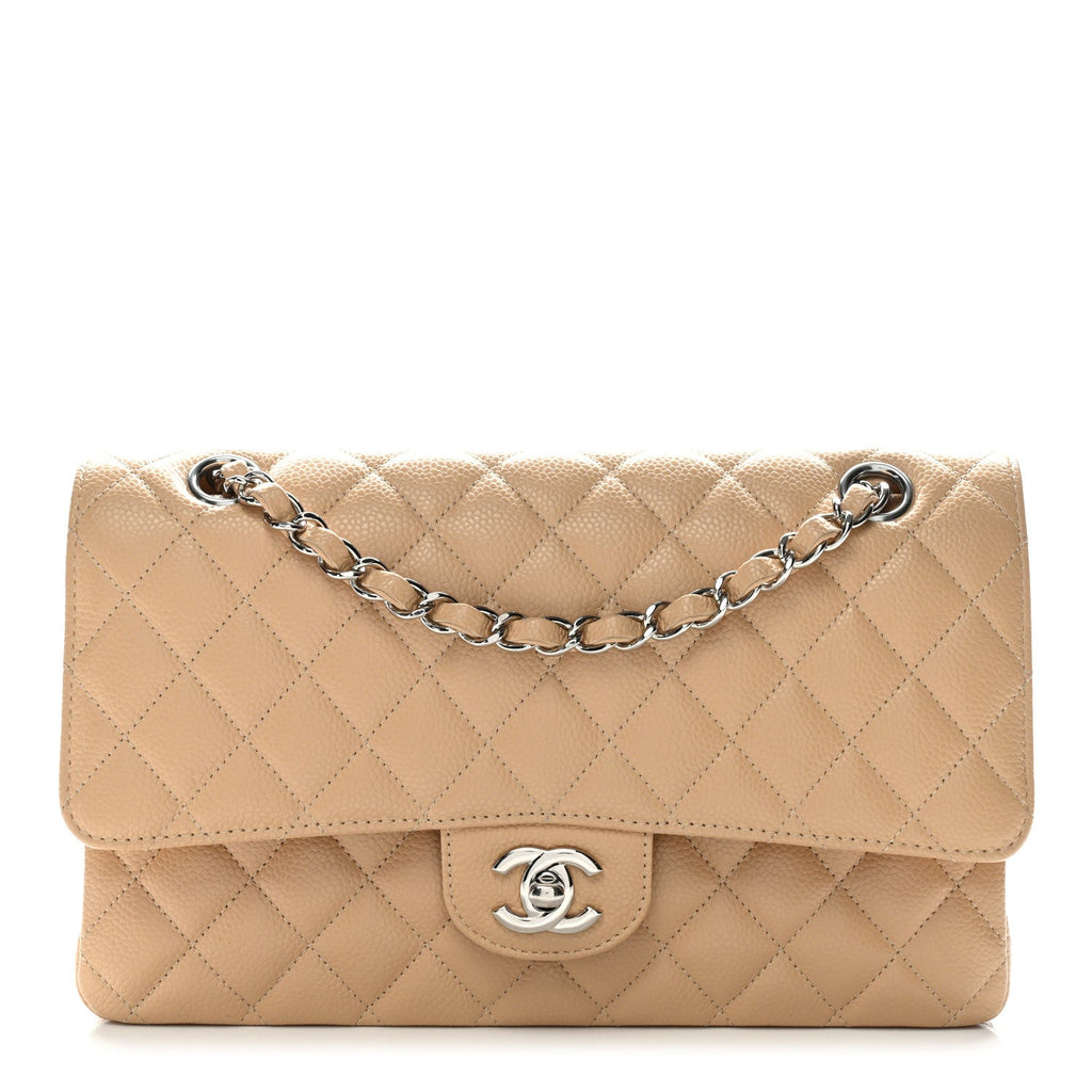 Caviar Quilted Medium Double Flap Beige