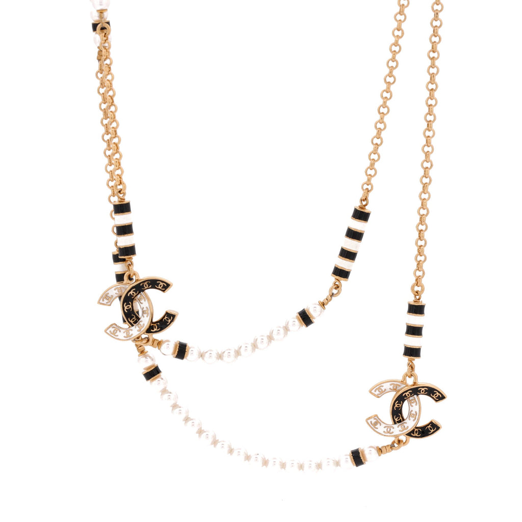 Coco CC Long Necklace Metal with Enamel and Faux Pearls