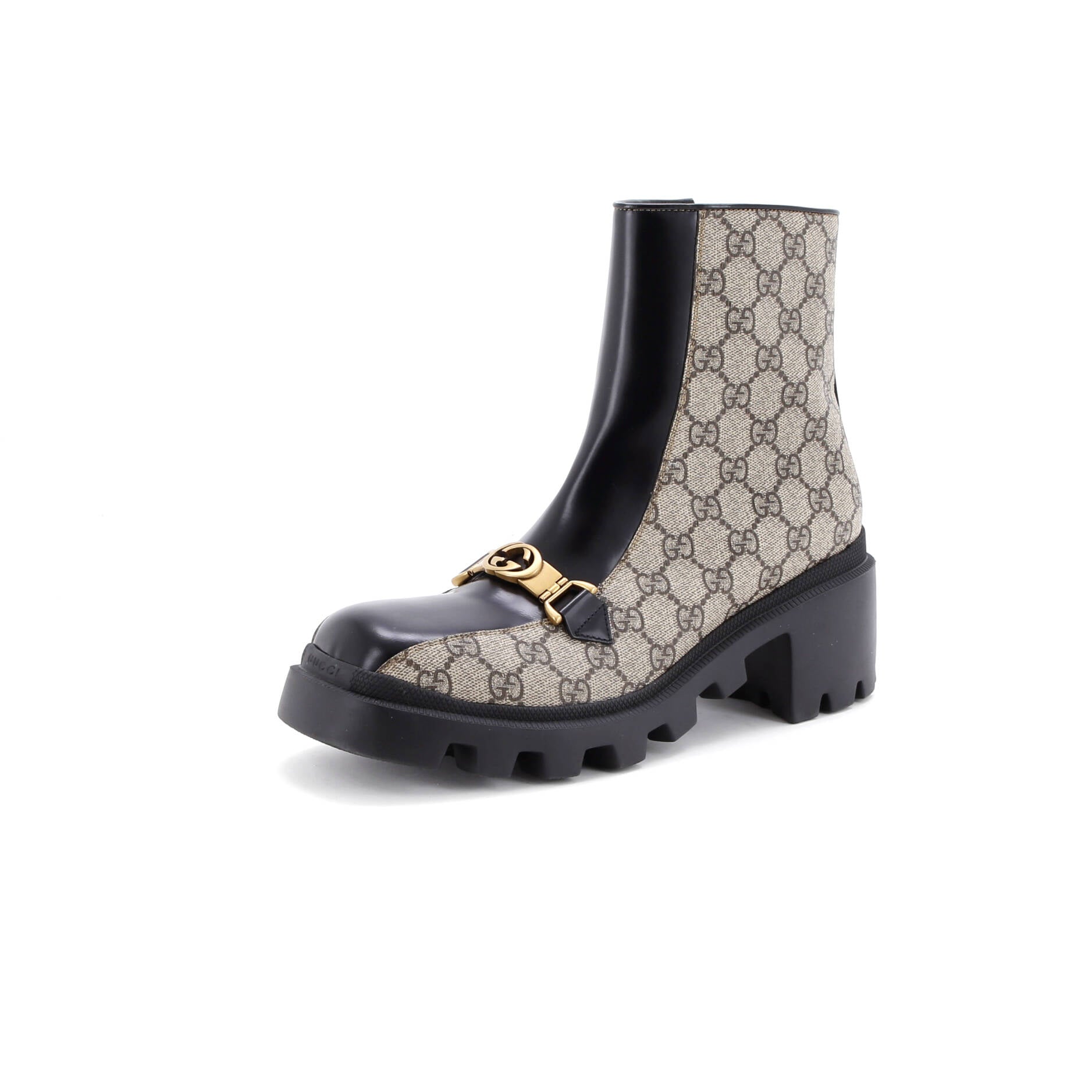 Women's Interlocking G Lug Sole Ankle Boots GG Coated Canvas with Leather