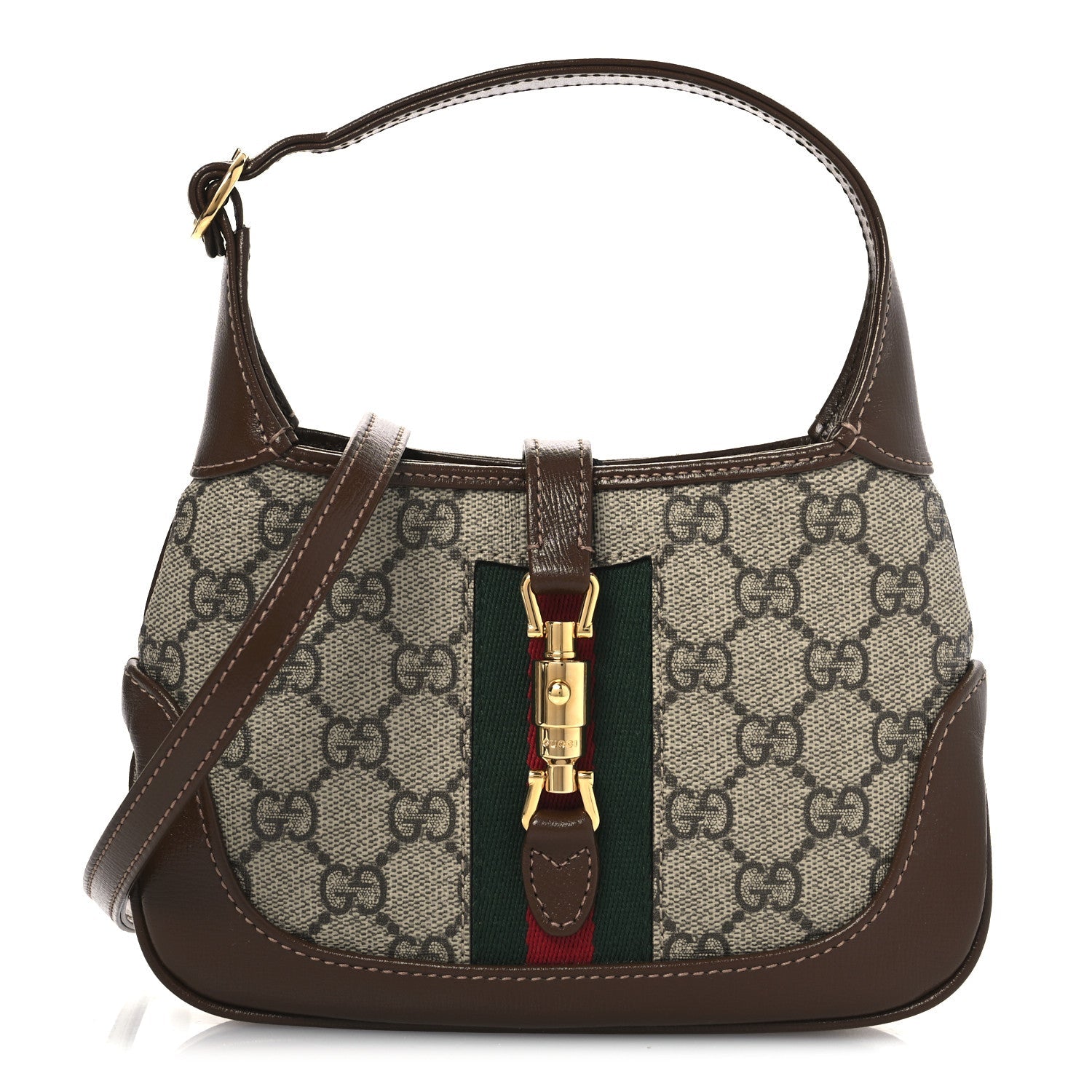 GG Supreme Monogram Azalea Calfskin Web Mini Jackie 1961 Hobo Beige Ebony Brown Sugar