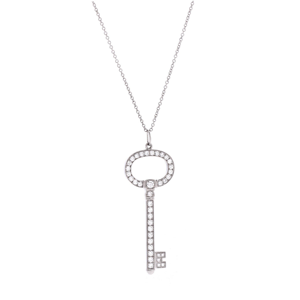 Oval Key Pendant Necklace Platinum with Diamonds Small