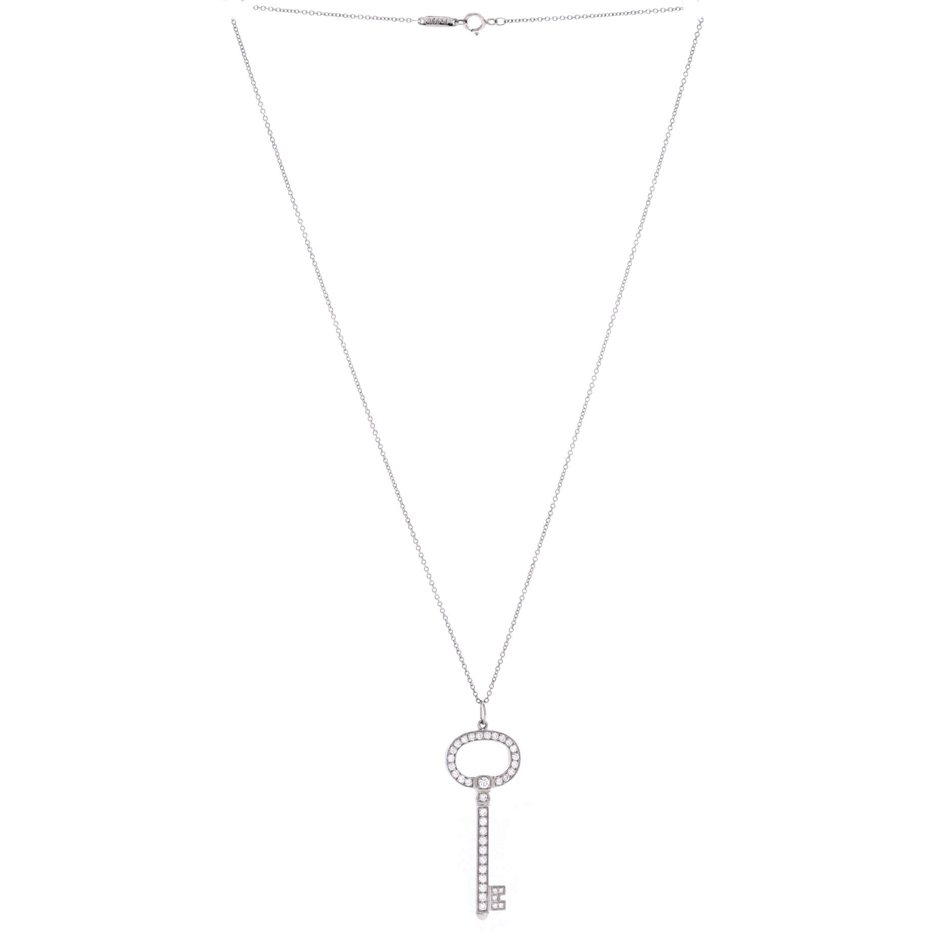 Oval Key Pendant Necklace Platinum with Diamonds Small