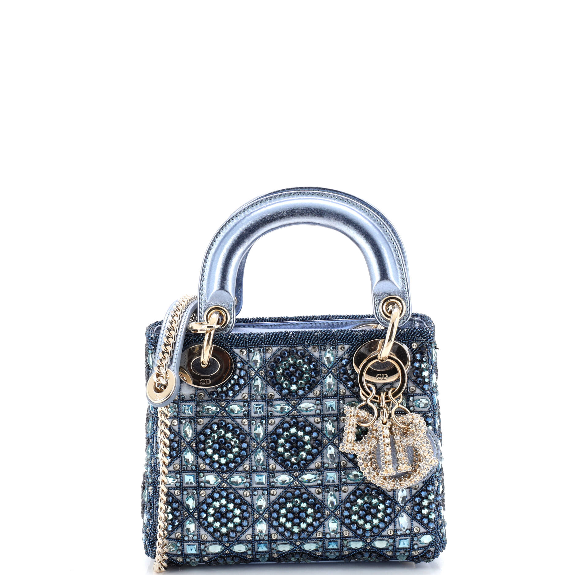 Lady Dior Chain Bag Cannage Quilt Beaded Satin with Leather Crystal Charms Mini