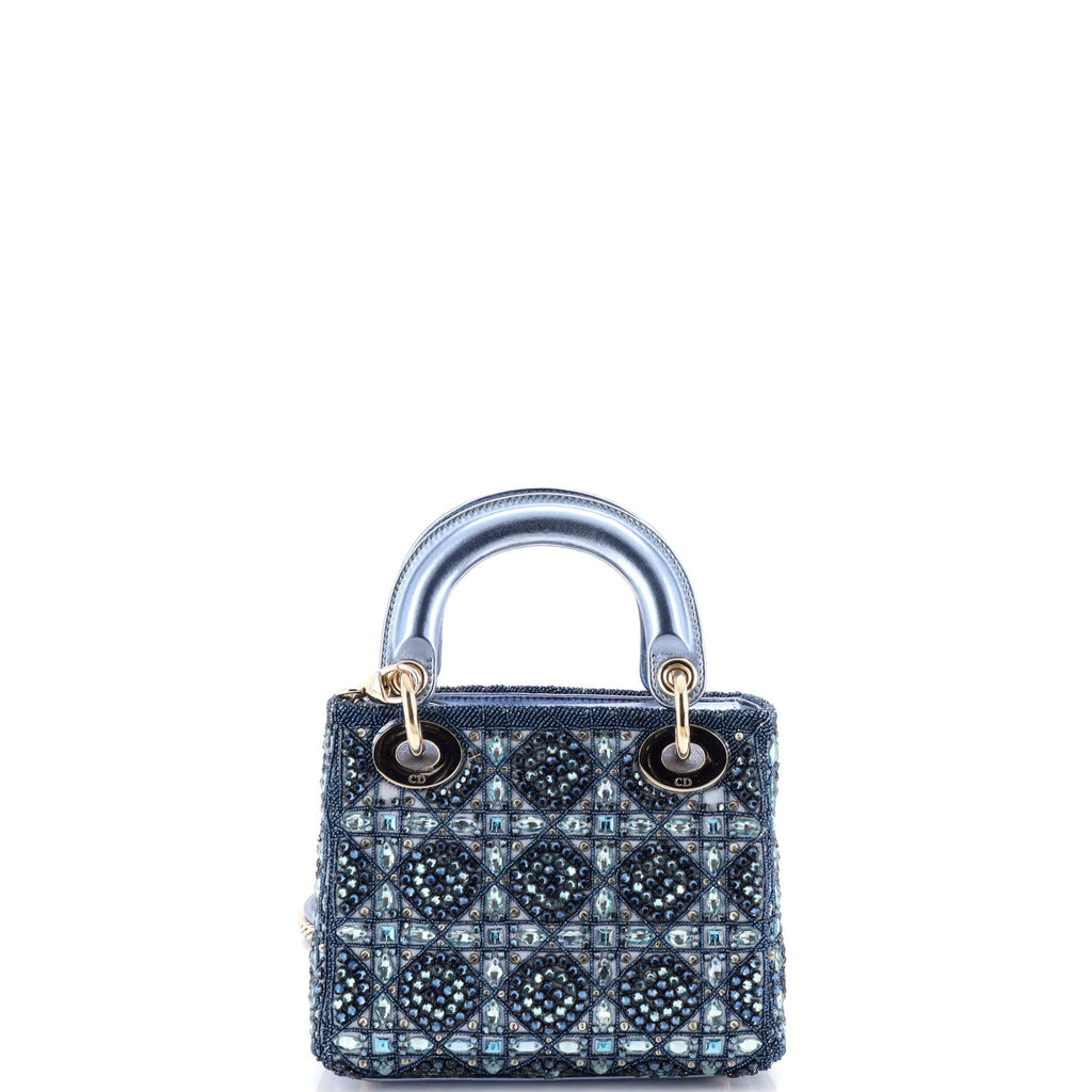 Lady Dior Chain Bag Cannage Quilt Beaded Satin with Leather Crystal Charms Mini