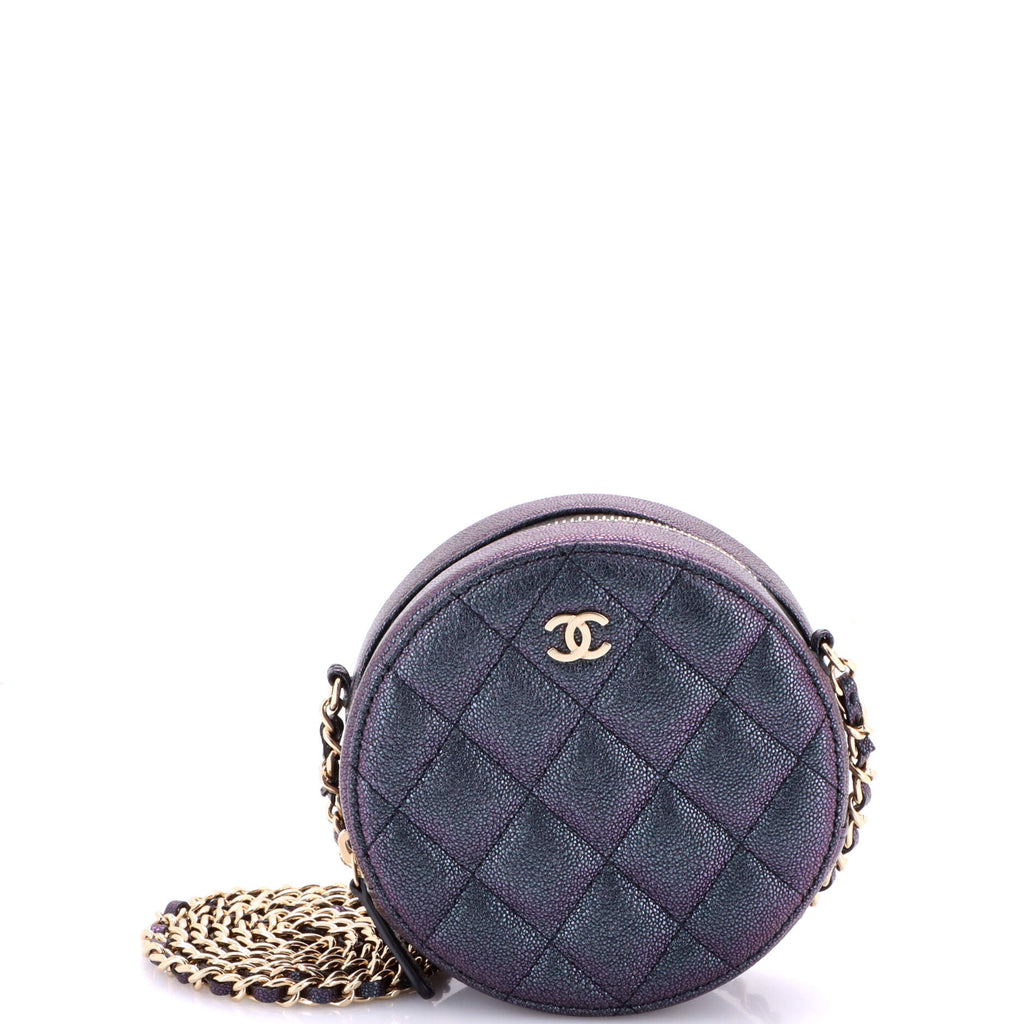 Round Clutch with Chain Quilted Iridescent Caviar Mini