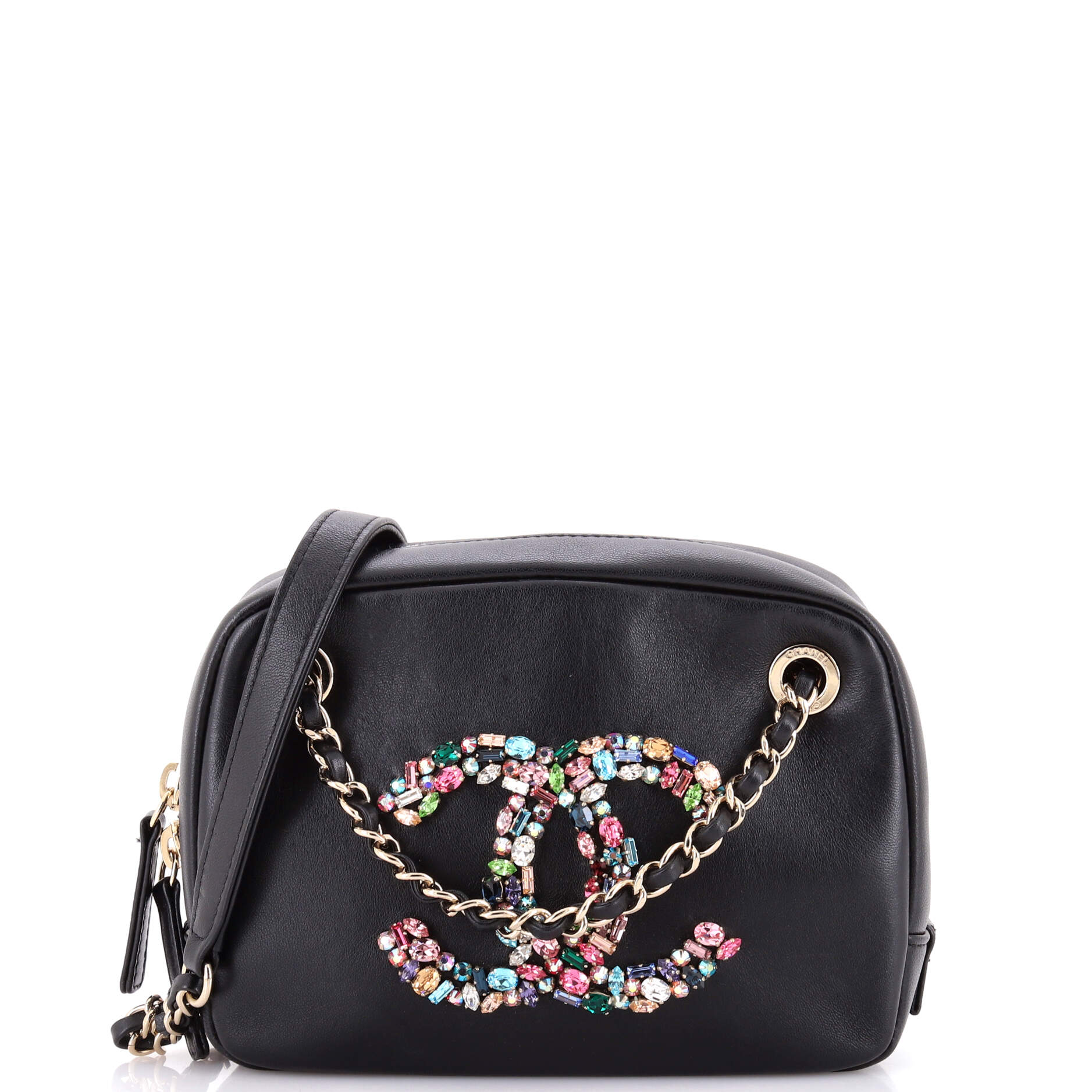 Giant Crystal CC Camera Bag Embellished Lambskin Small