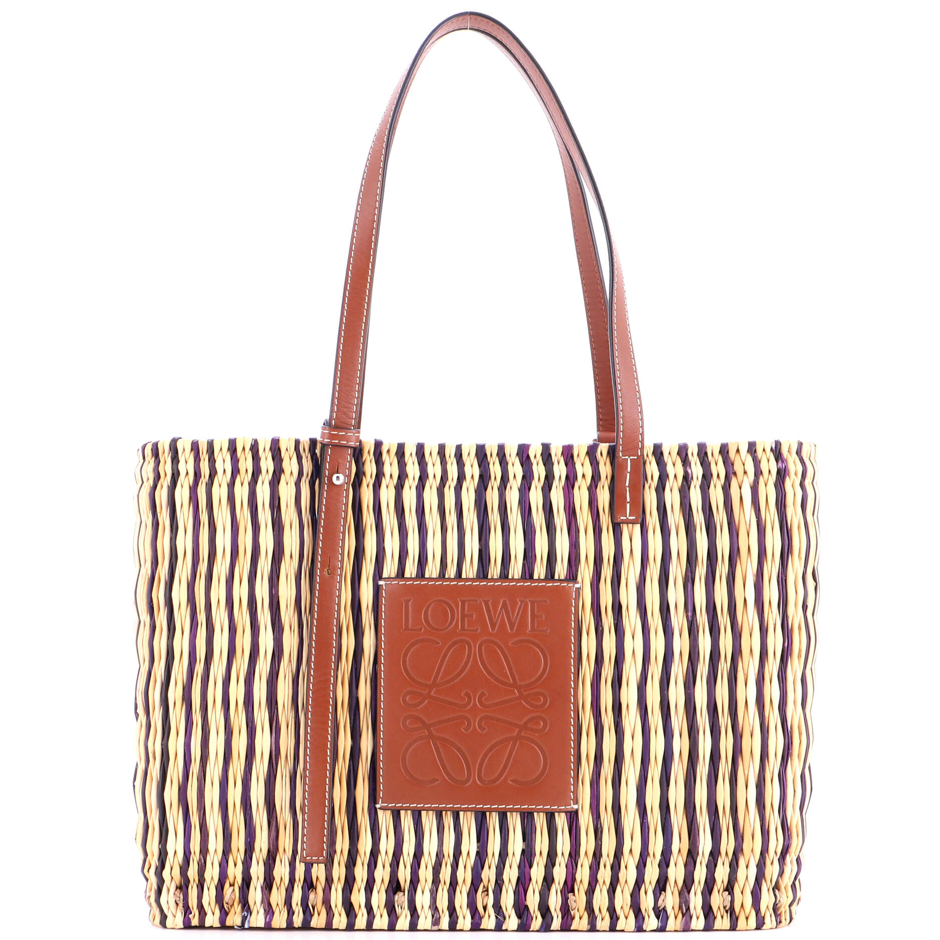 Paula's Ibiza Square Basket Tote Woven Reed with Leather Small