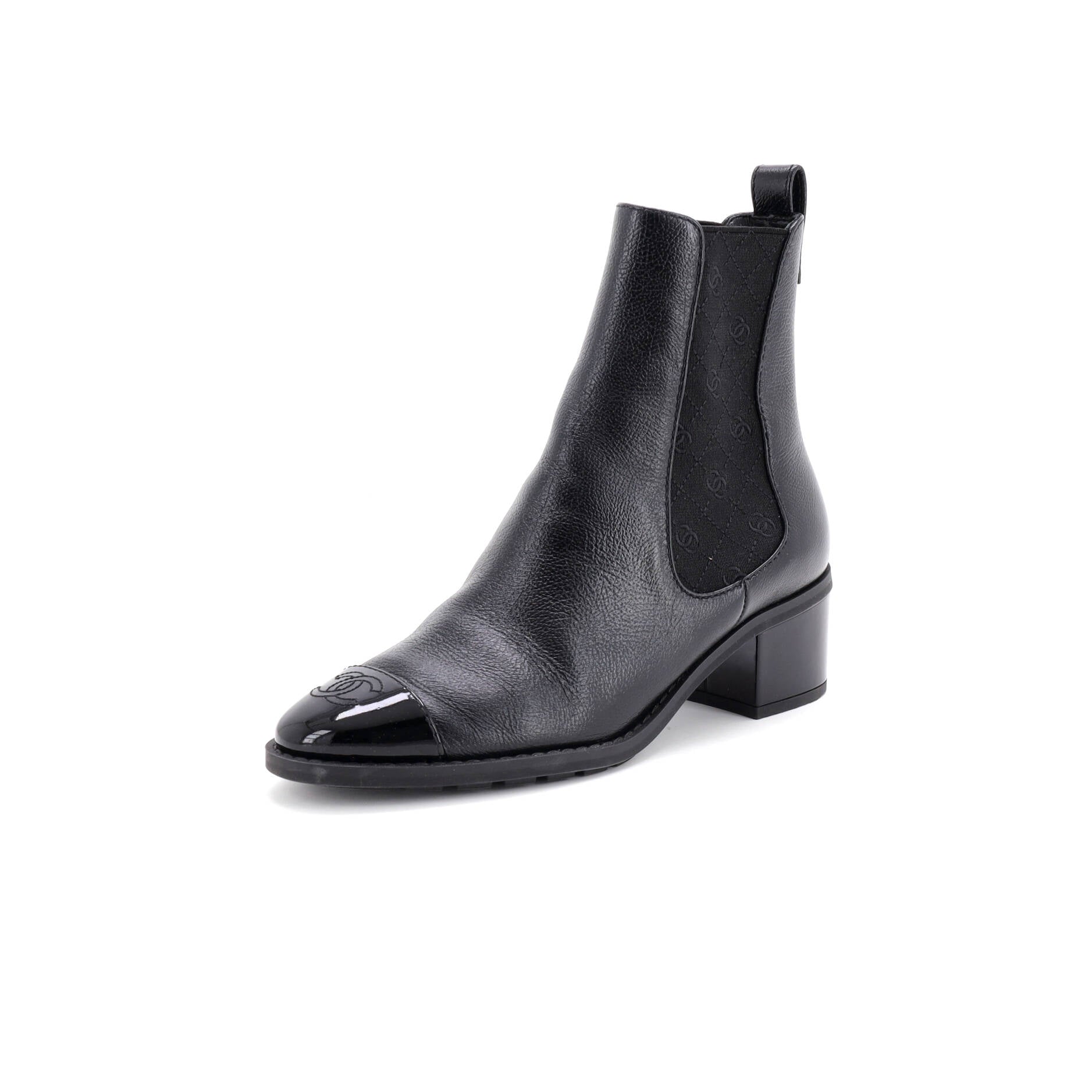 Women's Multi CC Block Heel Cap Toe Chelsea Boots Leather with Patent