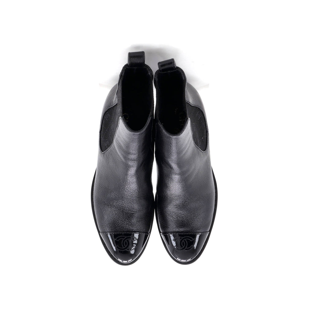 Women's Multi CC Block Heel Cap Toe Chelsea Boots Leather with Patent