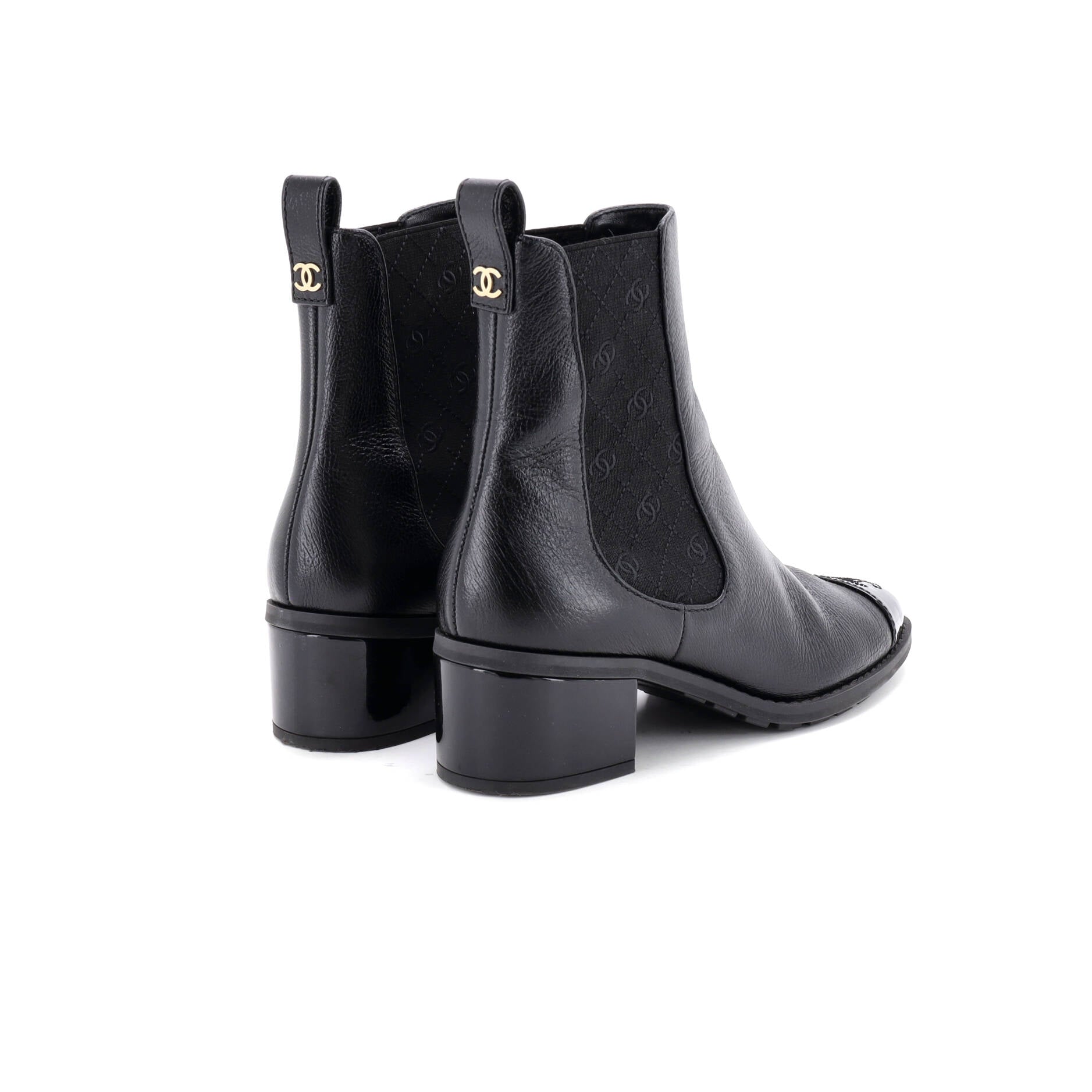 Women's Multi CC Block Heel Cap Toe Chelsea Boots Leather with Patent