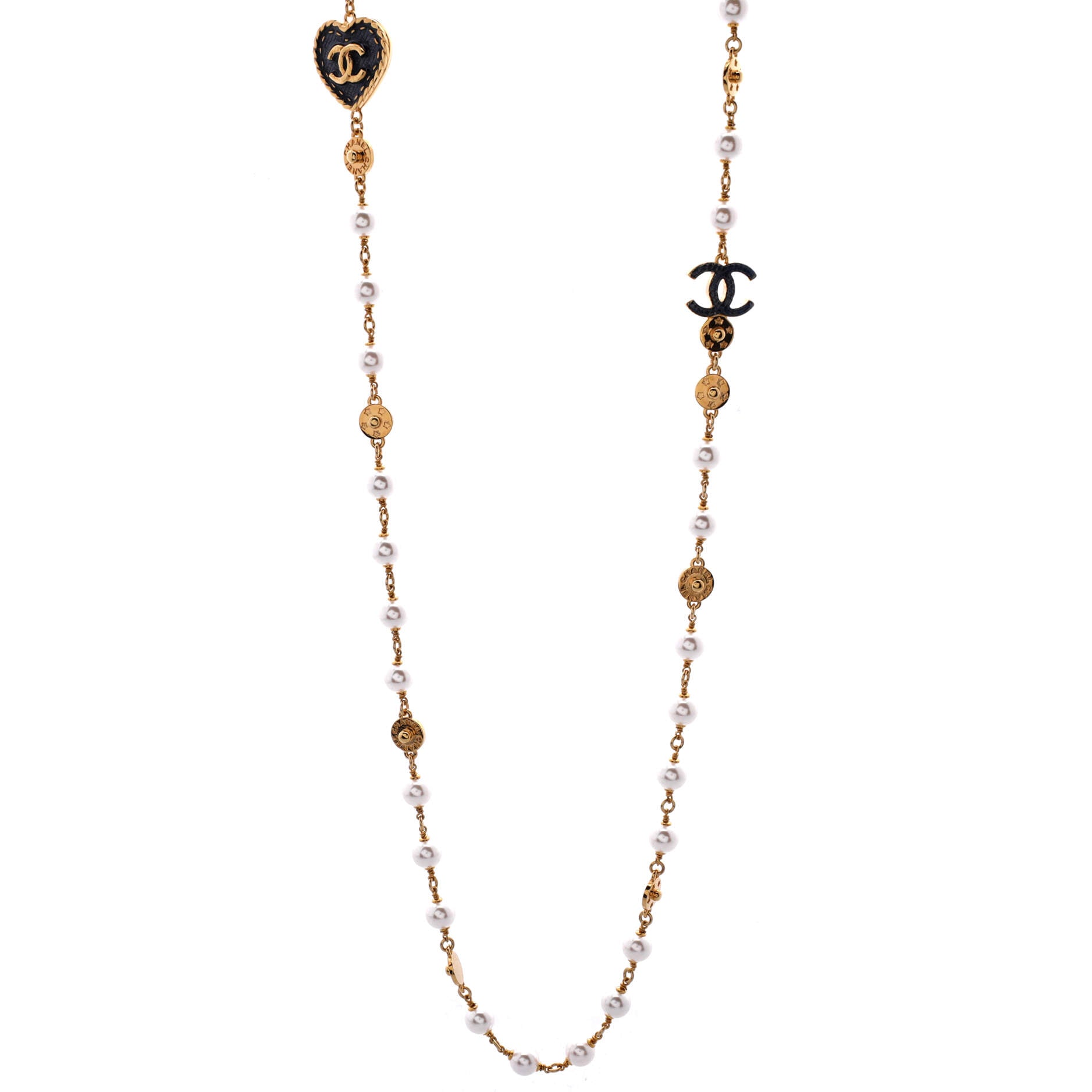 CC Heart Station Long Necklace Metal and Faux Pearls