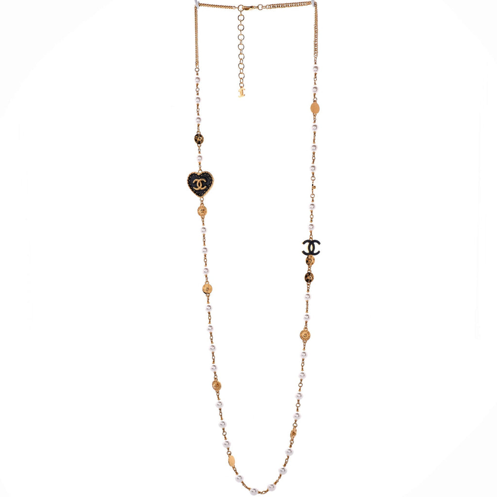 CC Heart Station Long Necklace Metal and Faux Pearls