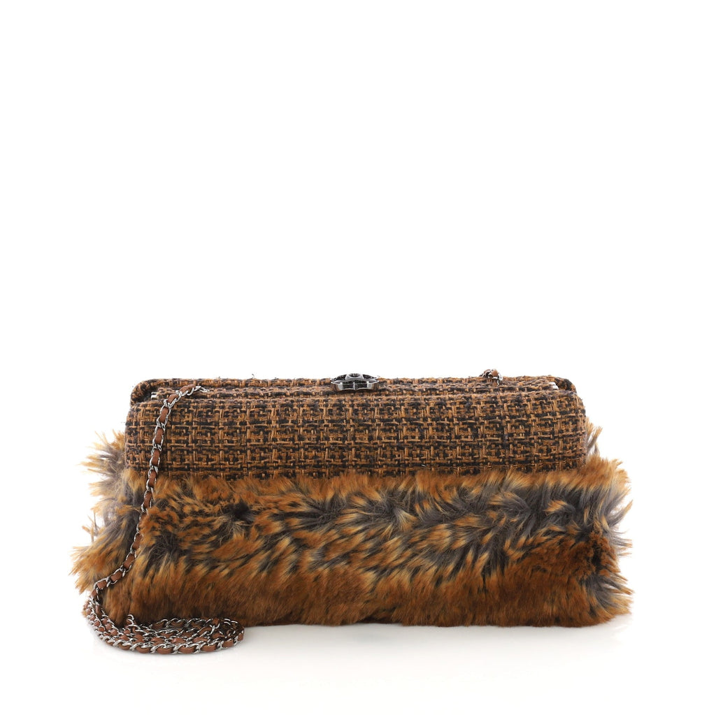 CC Clasp Frame Clutch Fur and Tweed Small