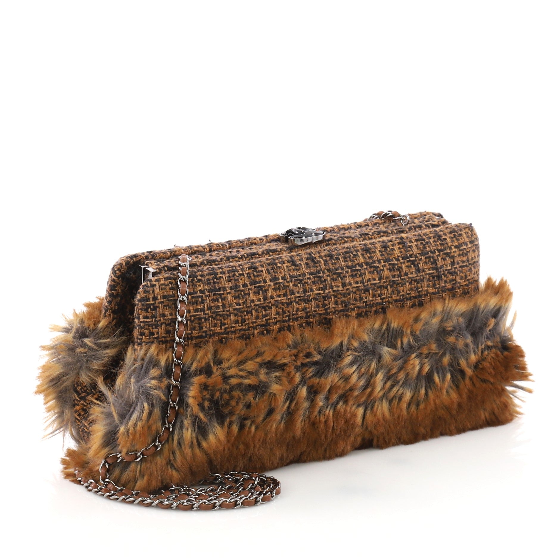 CC Clasp Frame Clutch Fur and Tweed Small