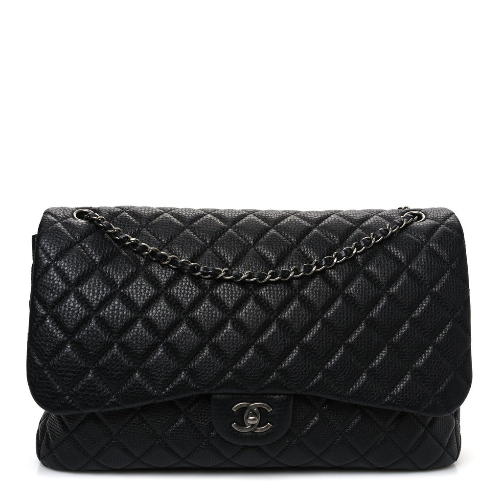Grained Calfskin Quilted Small XXL Travel Flap Bag Black