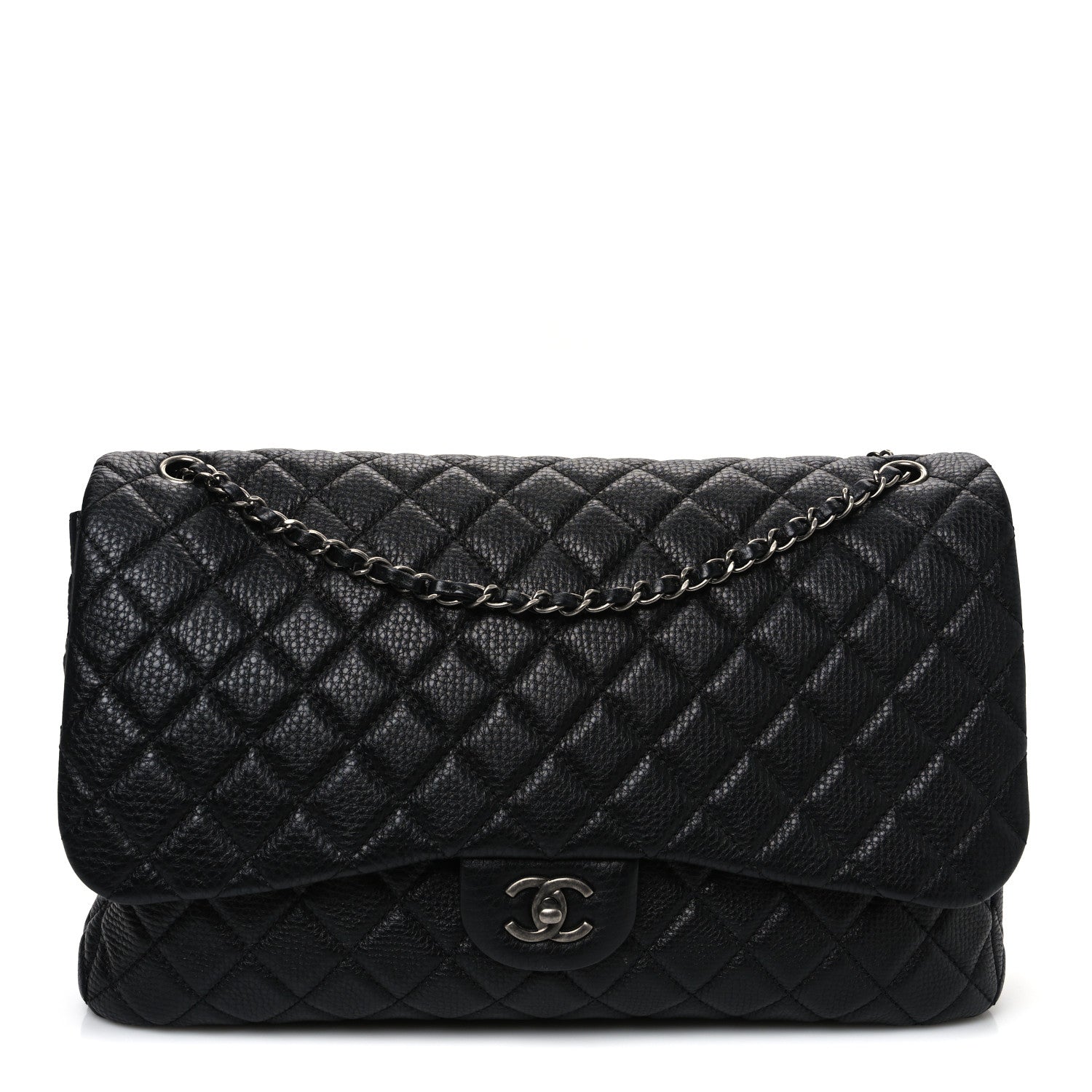 Grained Calfskin Quilted Small XXL Travel Flap Bag Black