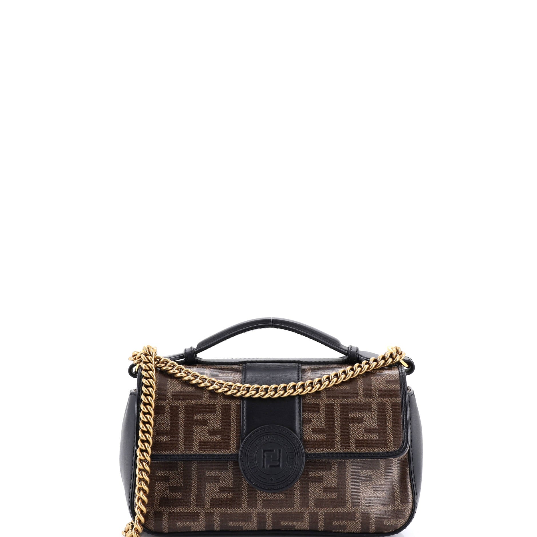 FF Logo Stamp Flap Bag Zucca Coated Canvas and Leather Small