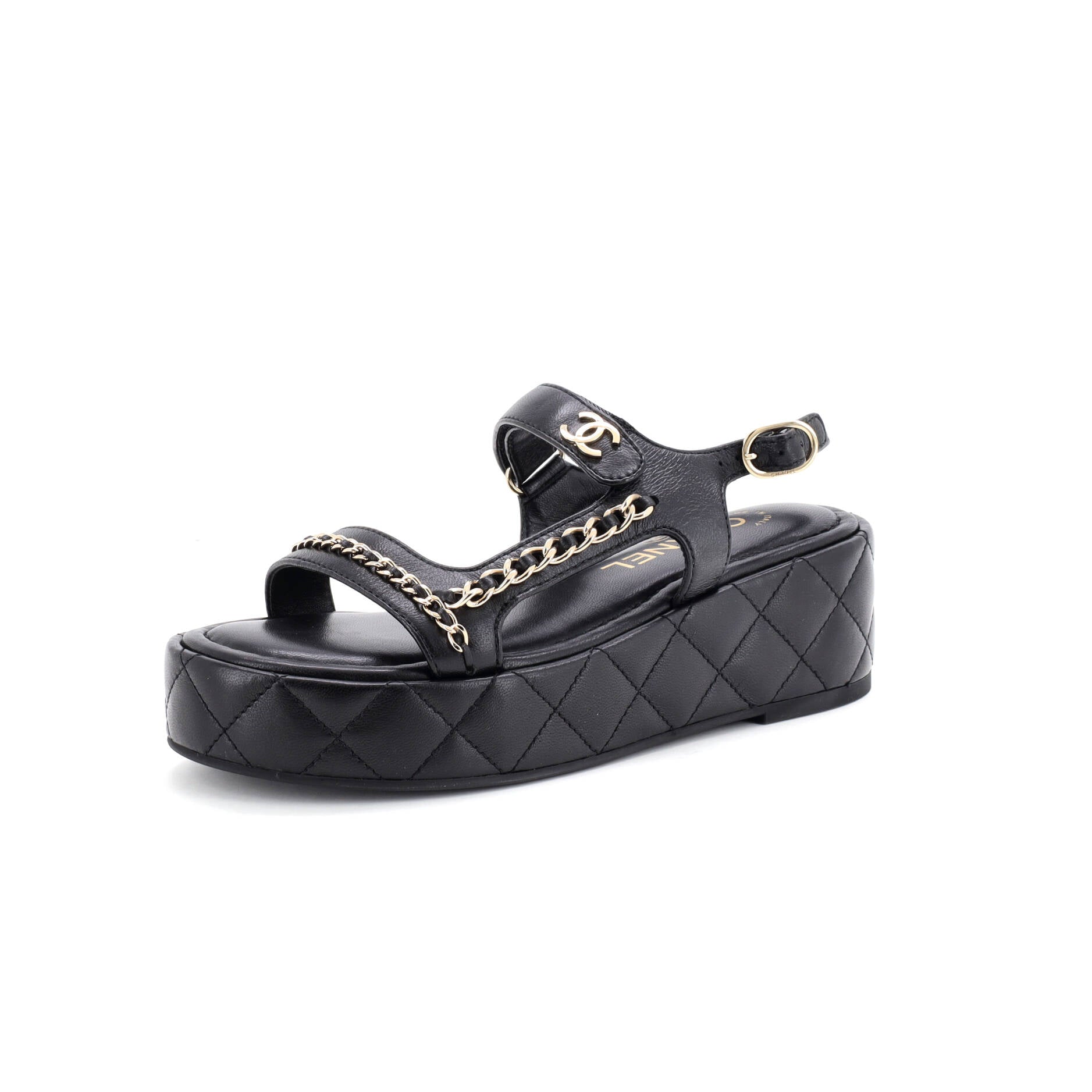 Women's Velcro Platform Sandals Quilted Leather with Chain Detail