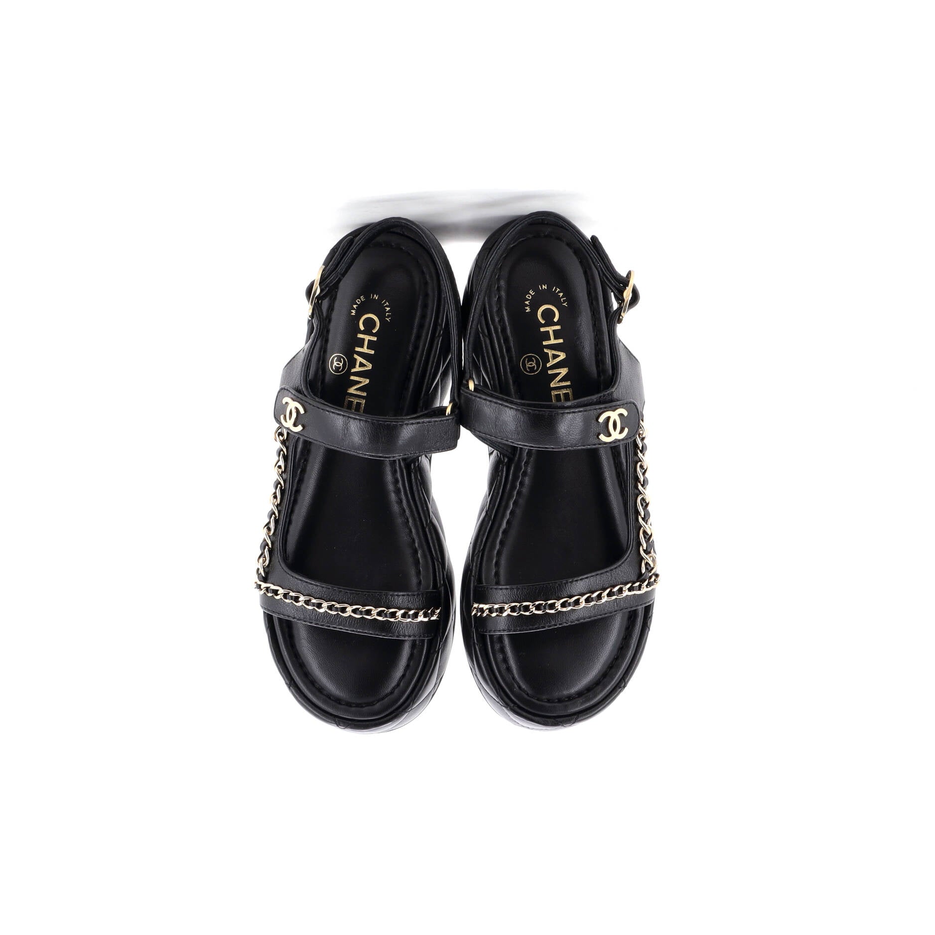 Women's Velcro Platform Sandals Quilted Leather with Chain Detail